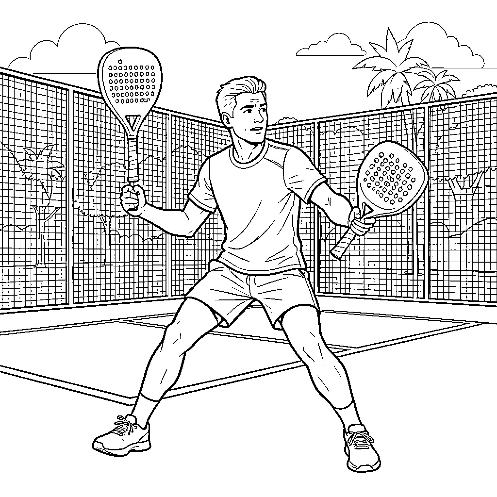 Cardiologist playing tennis on outdoor court Coloring Page (free black-and-white line drawing printable PDF for all, from beginners to advanced learners, including children, teens, adults, and seniors)