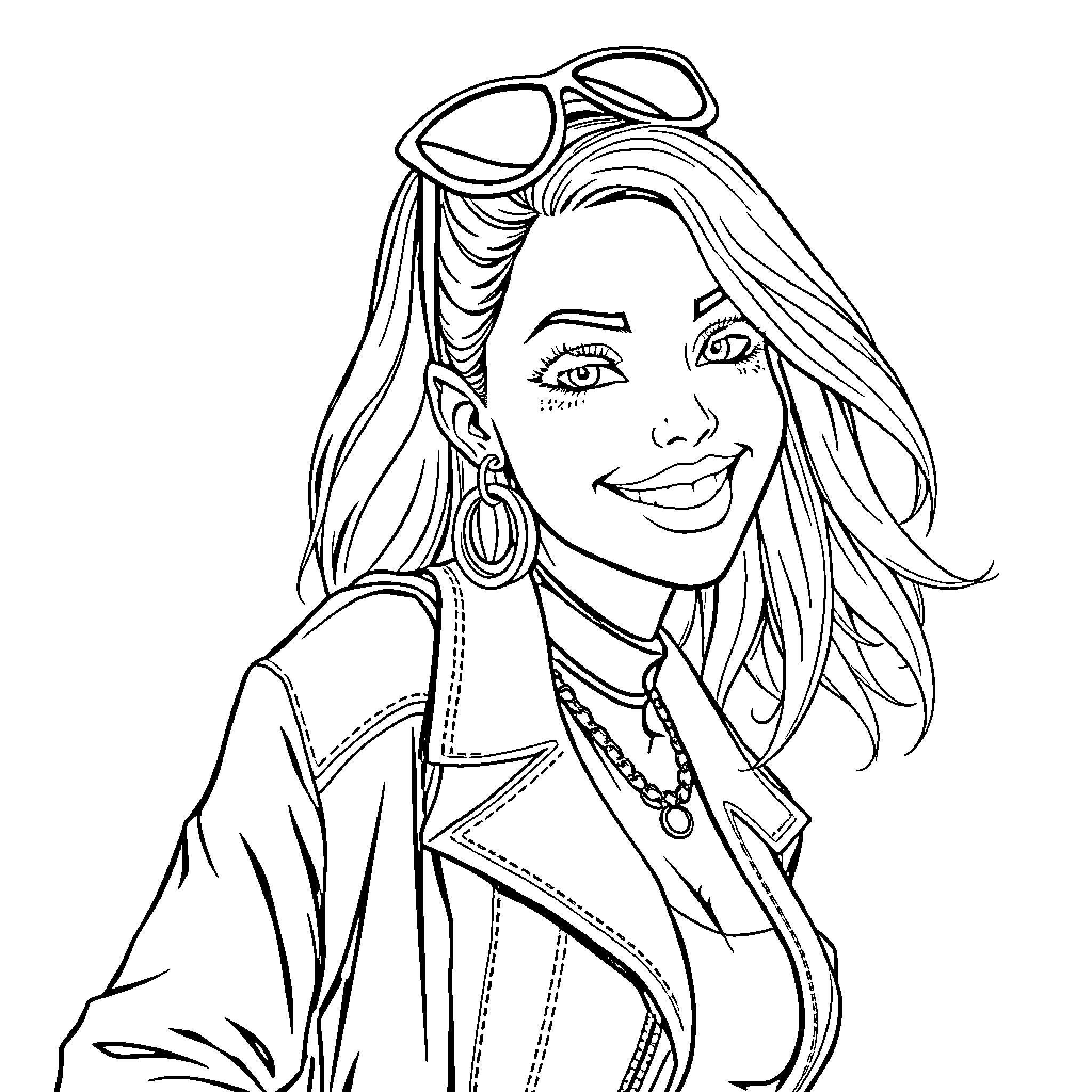 Girl in Stylish Casual Outfit Smiling Coloring Page (free black-and-white line drawing printable PDF for all, from beginners to advanced learners, including children, teens, adults, and seniors)