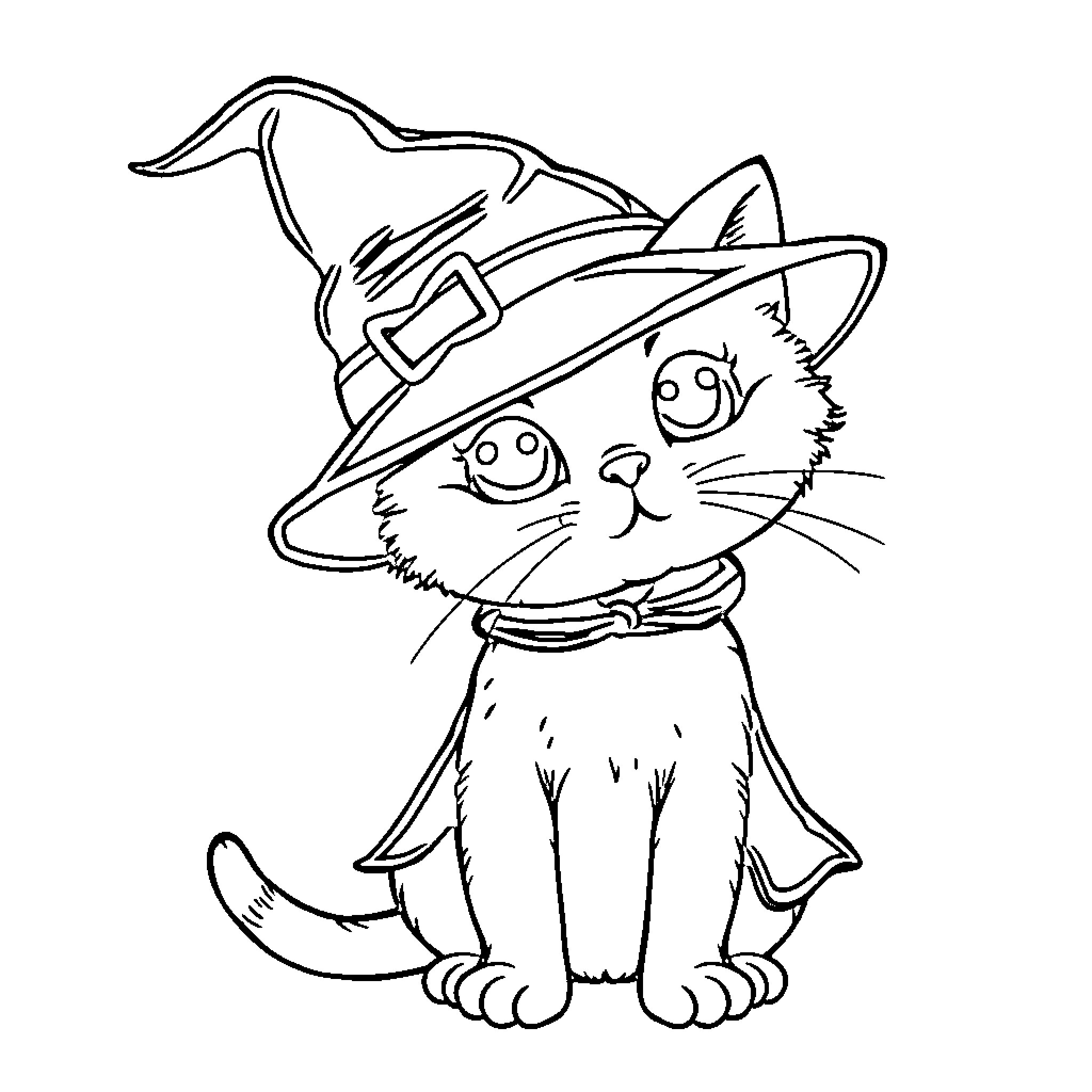 Cat wearing a witch hat Coloring Page (free black-and-white line drawing printable PDF for all, from beginners to advanced learners, including children, teens, adults, and seniors)