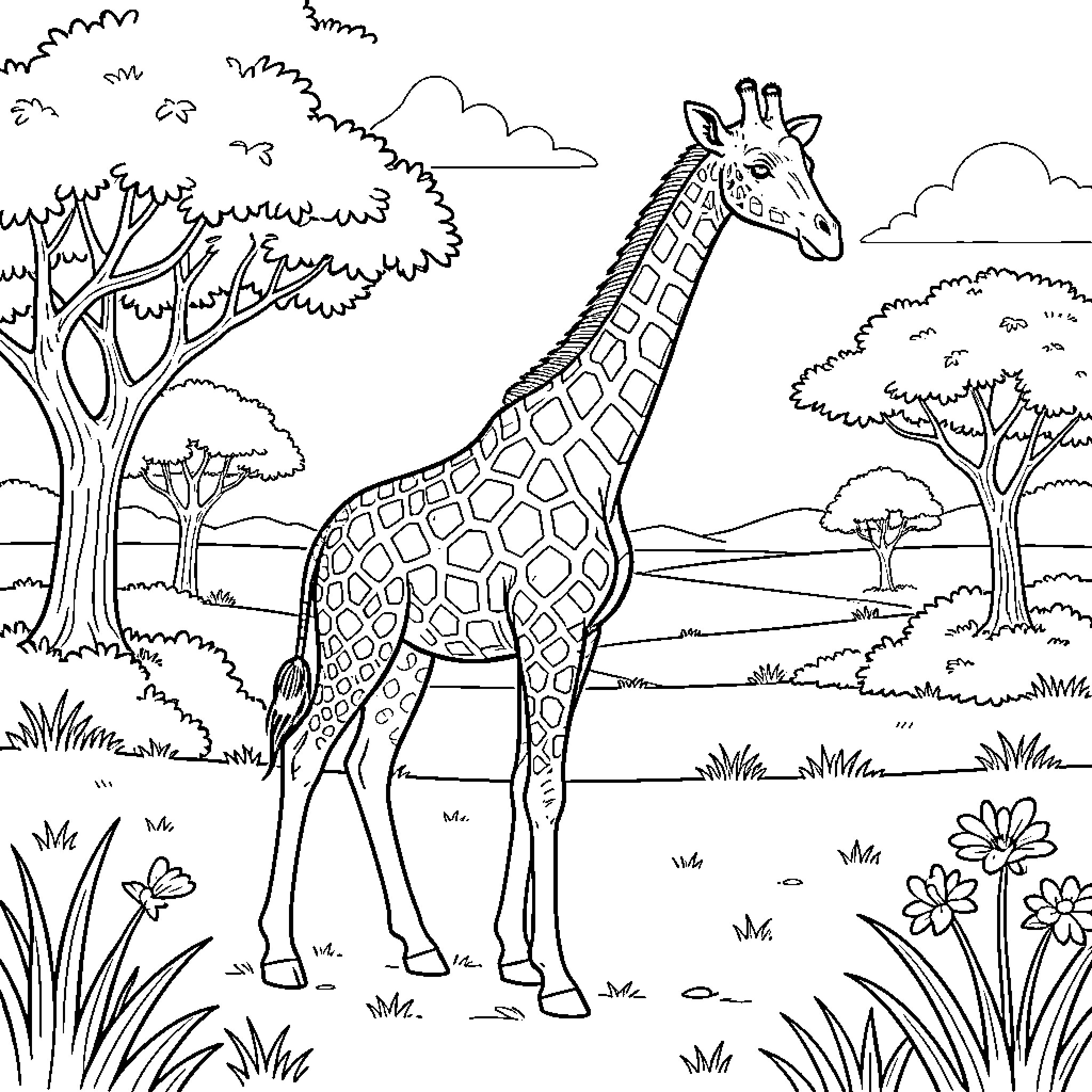 Giraffe walking through a savanna landscape Coloring Page (free black-and-white line drawing printable PDF for all, from beginners to advanced learners, including children, teens, adults, and seniors)