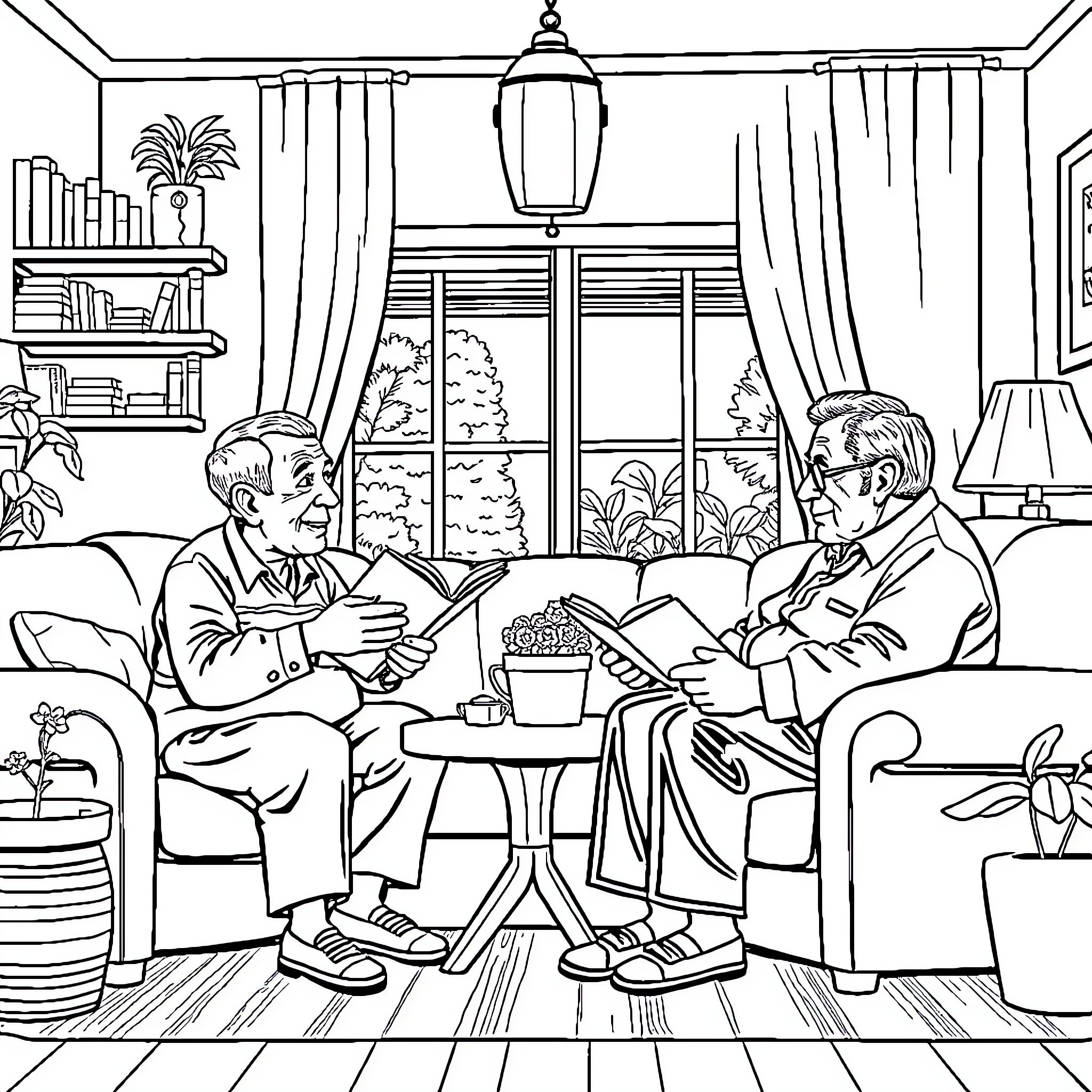 Grandparent Companions Enjoying Quiet Conversation Coloring Page (free black-and-white line drawing printable PDF for all, from beginners to advanced learners, including children, teens, adults, and seniors)