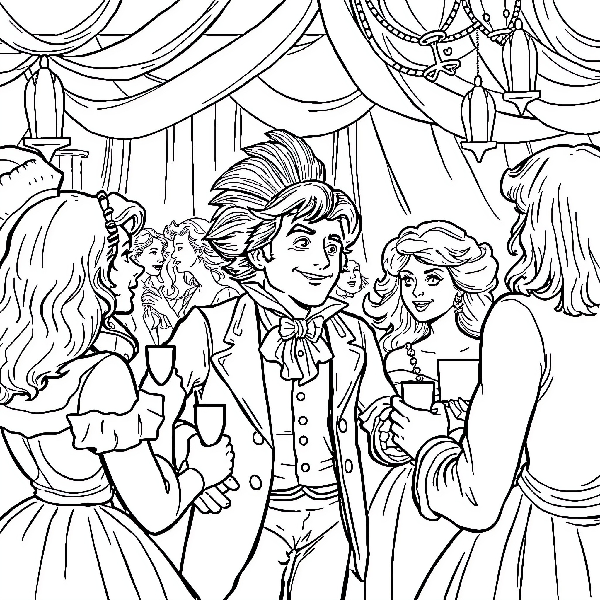 Uncle Tom's Formal Celebration with Friends Coloring Page (free black-and-white line drawing printable PDF for all, from beginners to advanced learners, including children, teens, adults, and seniors)