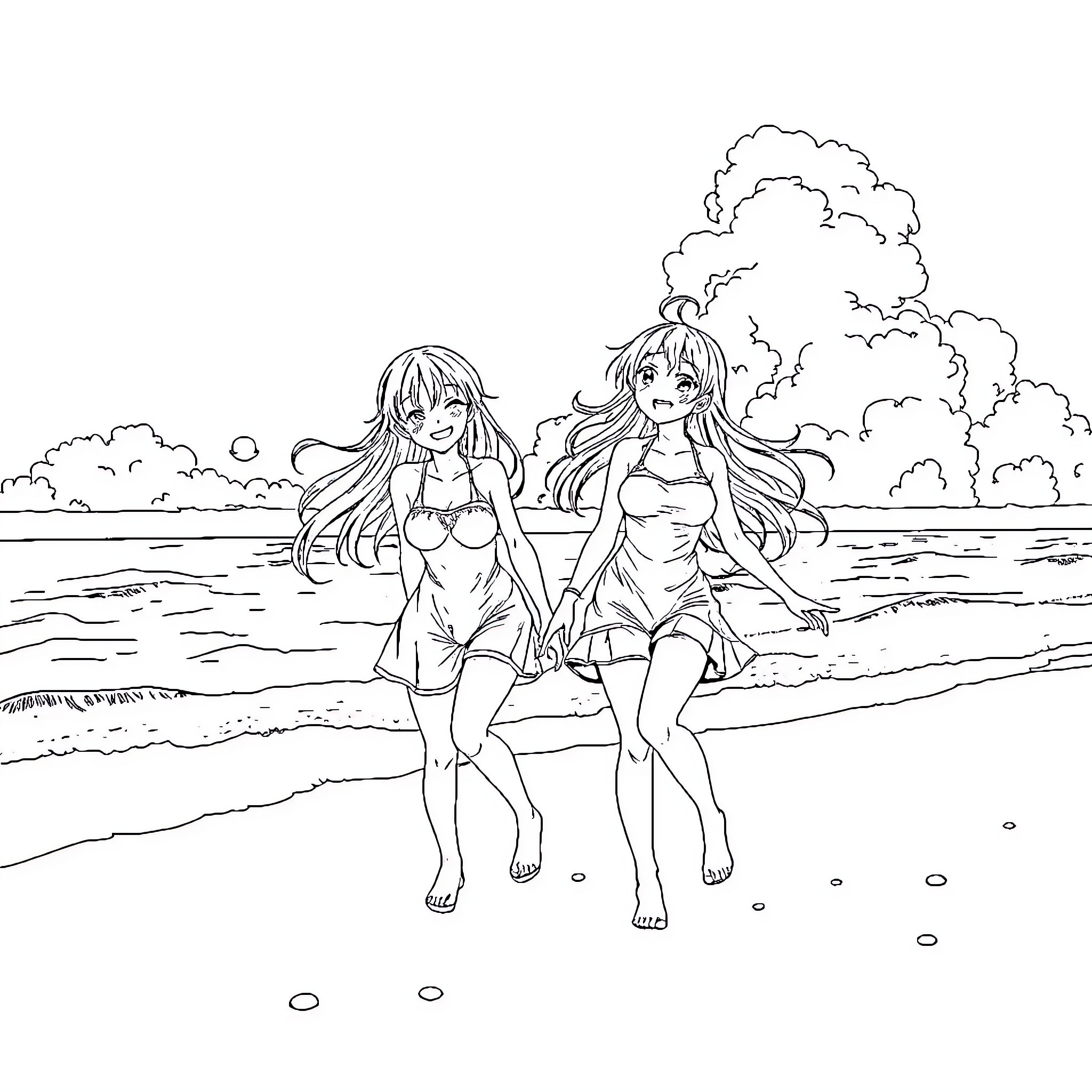 Anime Girls Frolicking on the Beach Coloring Page (free black-and-white line drawing printable PDF for all, from beginners to advanced learners, including children, teens, adults, and seniors)