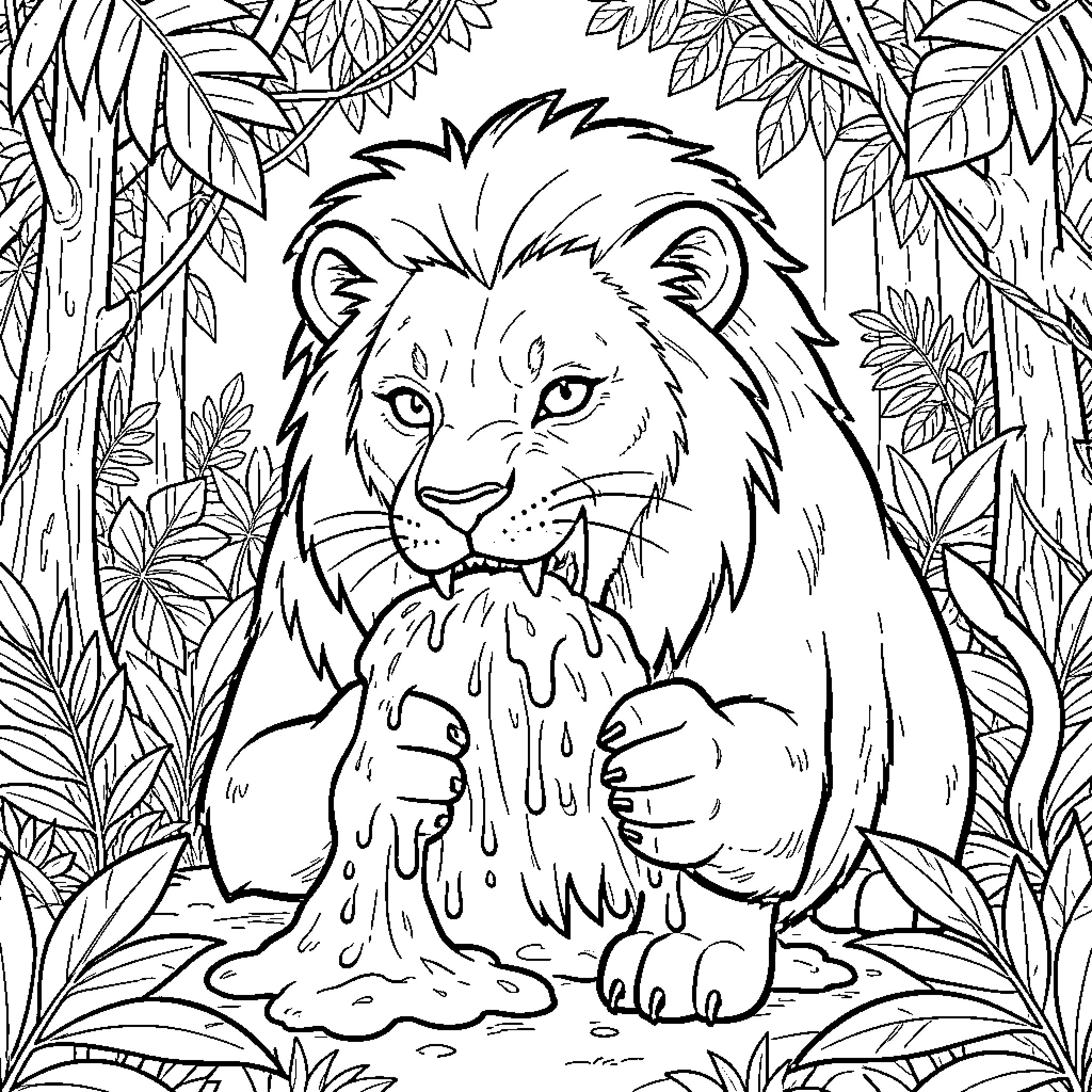 Lion enjoying a refreshing drink in the jungle Coloring Page (free black-and-white line drawing printable PDF for all, from beginners to advanced learners, including children, teens, adults, and seniors)