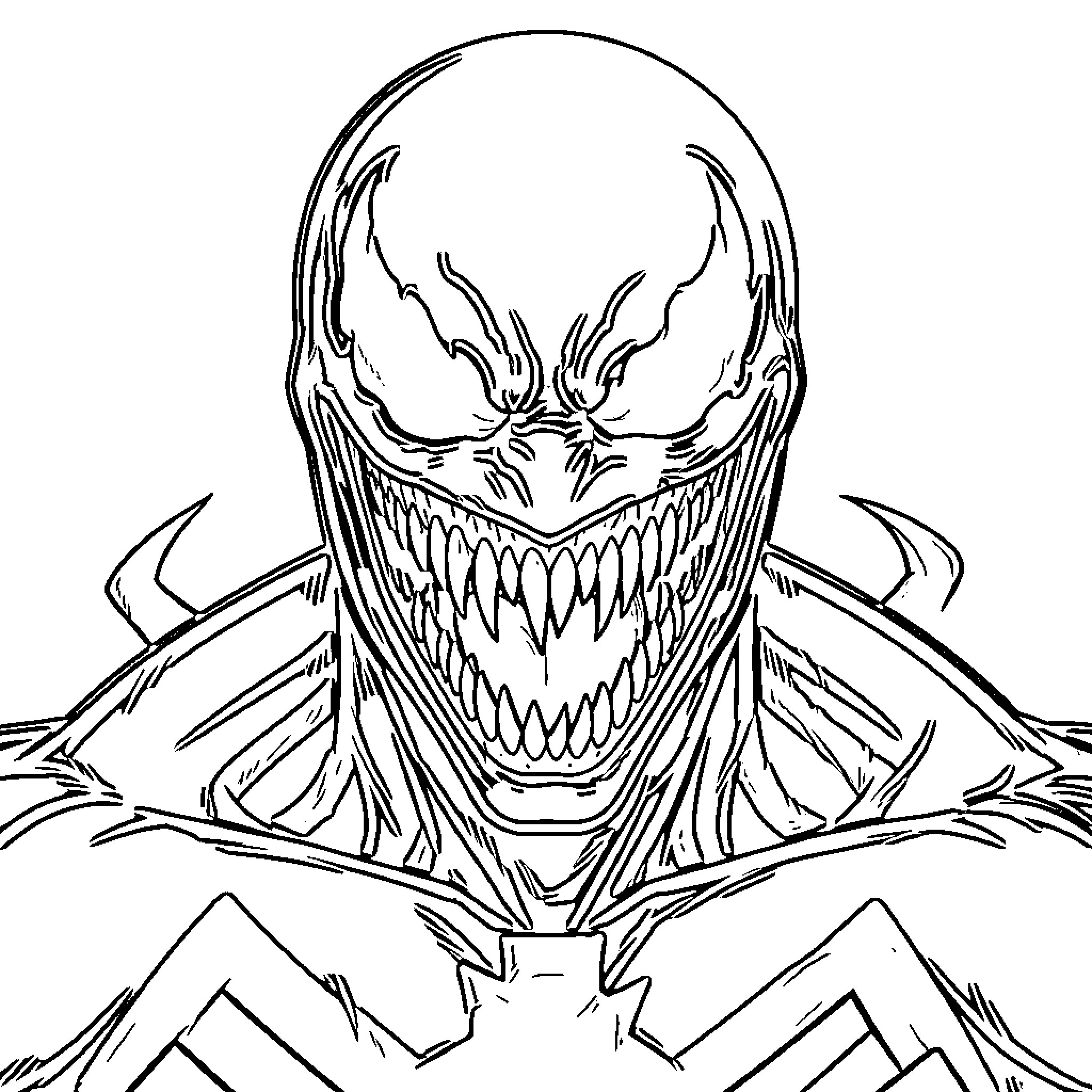 Venom's Menacing Visage and Fearsome Pose Coloring Page (free black-and-white line drawing printable PDF for all, from beginners to advanced learners, including children, teens, adults, and seniors)