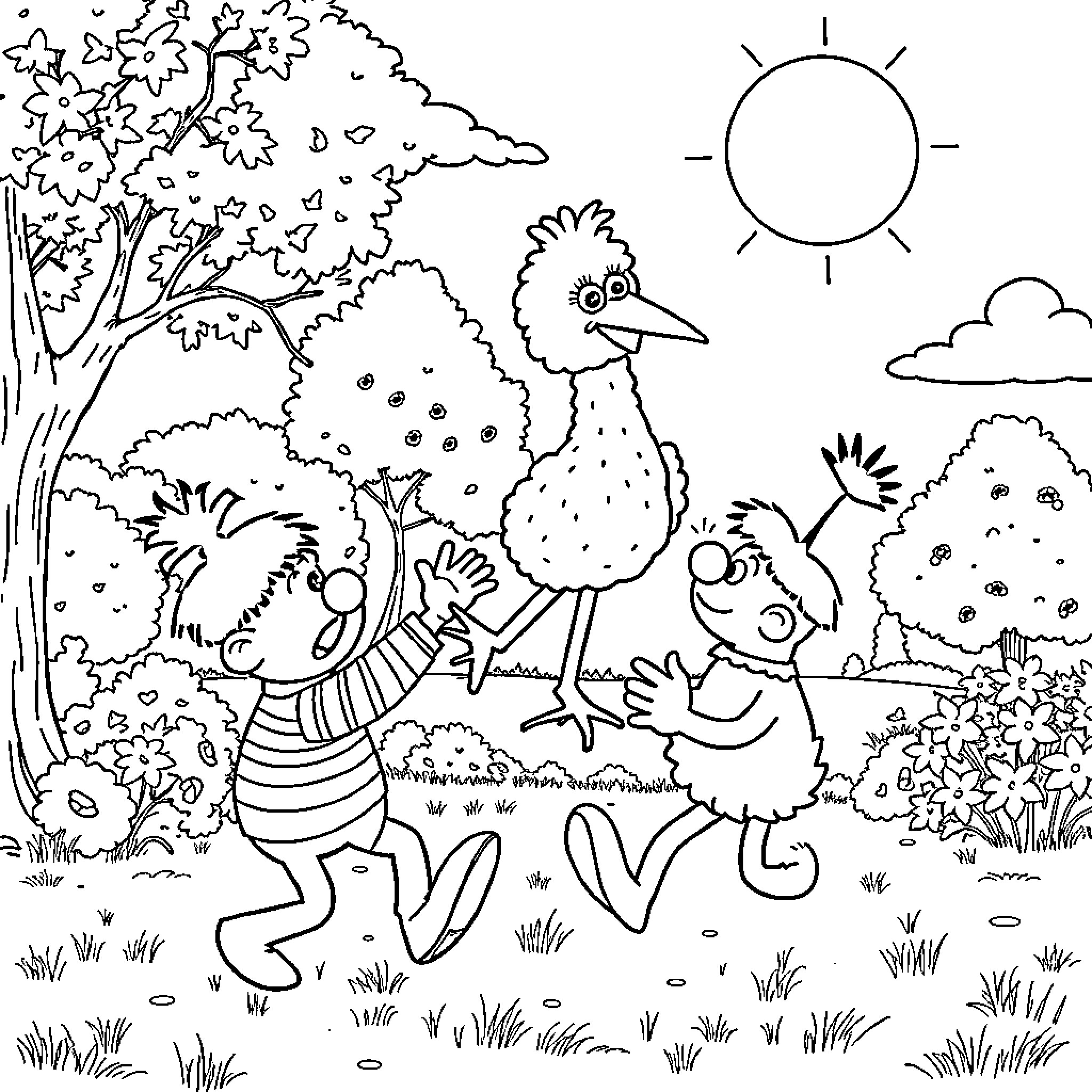 Ernie and Bert enjoying a sunny day outdoors Coloring Page (free black-and-white line drawing printable PDF for all, from beginners to advanced learners, including children, teens, adults, and seniors)