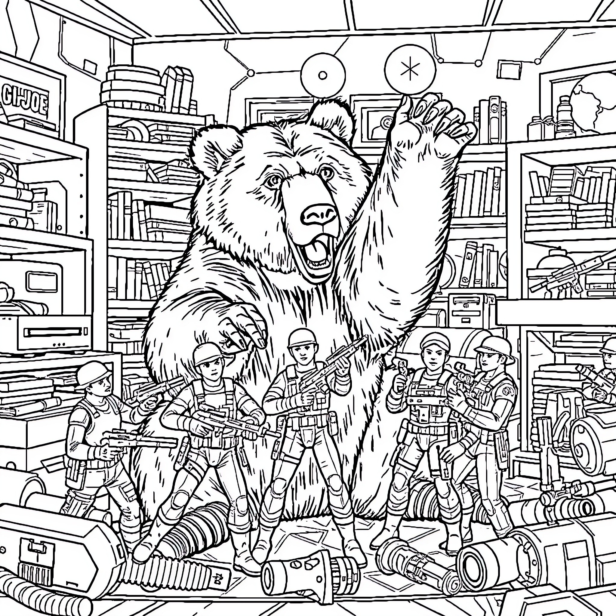 Grizzly Bear Guarding Military Equipment and Soldiers Coloring Page (free black-and-white line drawing printable PDF for all, from beginners to advanced learners, including children, teens, adults, and seniors)