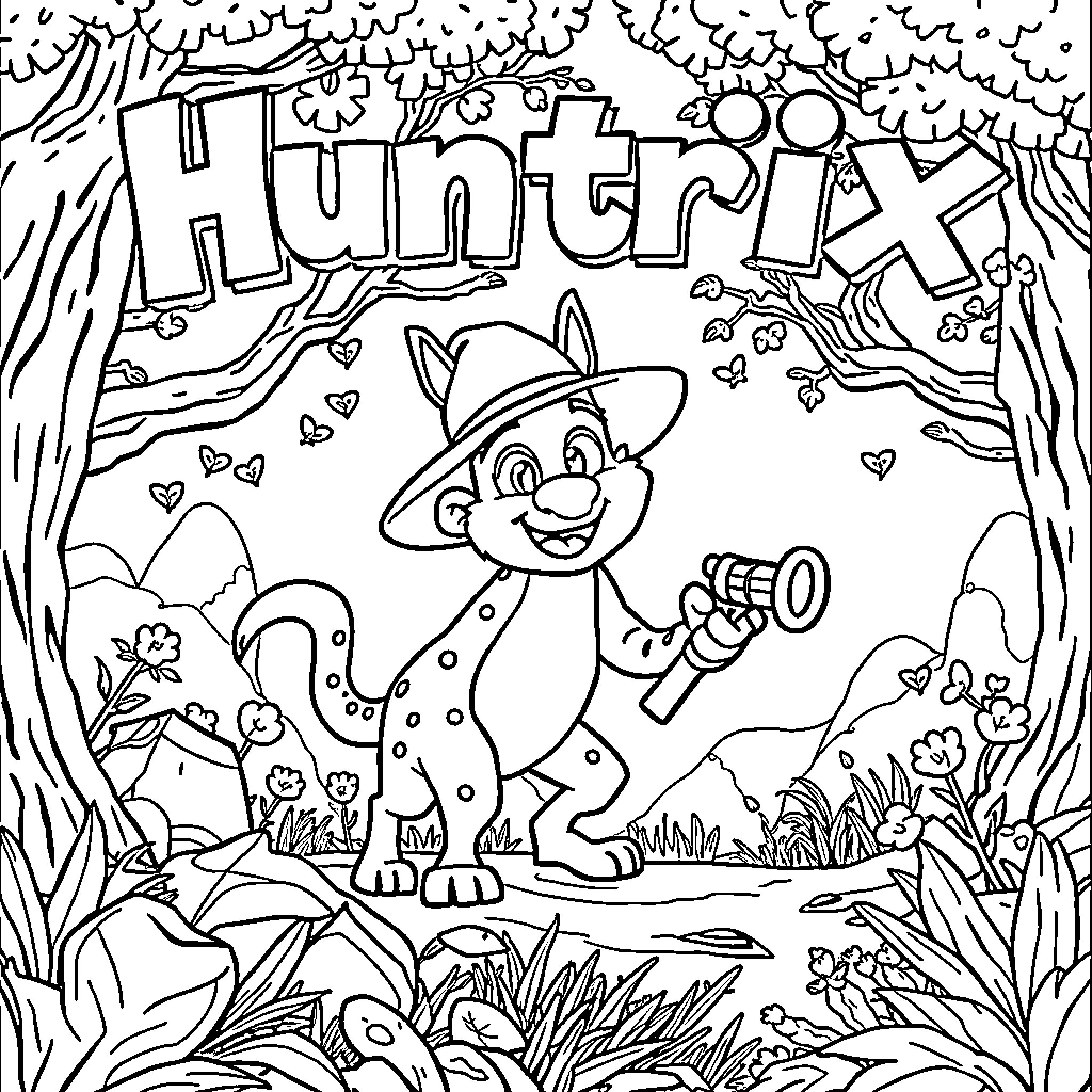 Huntrix explores the enchanting forest Coloring Page (free black-and-white line drawing printable PDF for all, from beginners to advanced learners, including children, teens, adults, and seniors)