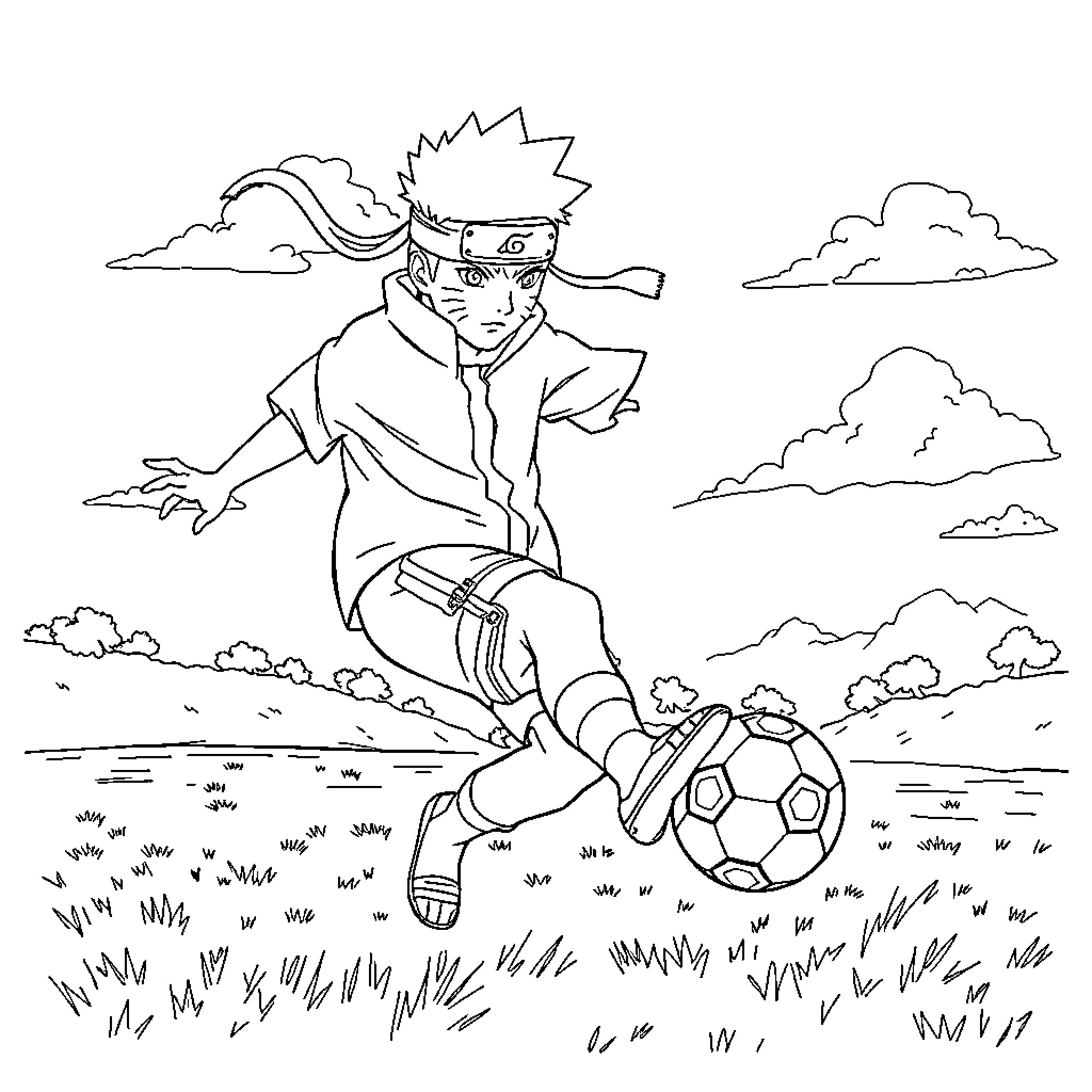 Naruto practicing soccer skills in a grassy field Coloring Page (free black-and-white line drawing printable PDF for all, from beginners to advanced learners, including children, teens, adults, and seniors)