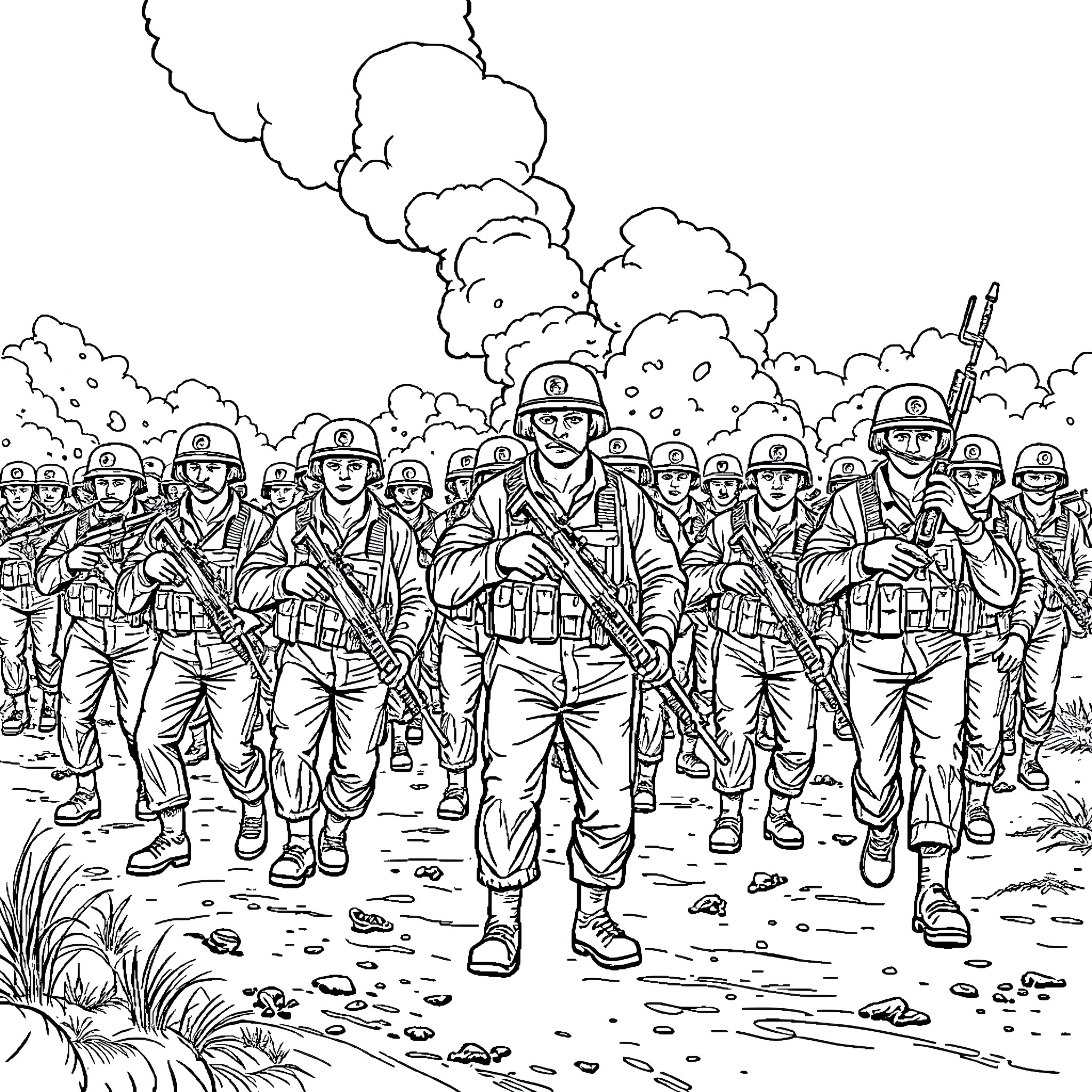 Marine soldiers marching through smoky battlefield Coloring Page (free black-and-white line drawing printable PDF for all, from beginners to advanced learners, including children, teens, adults, and seniors)