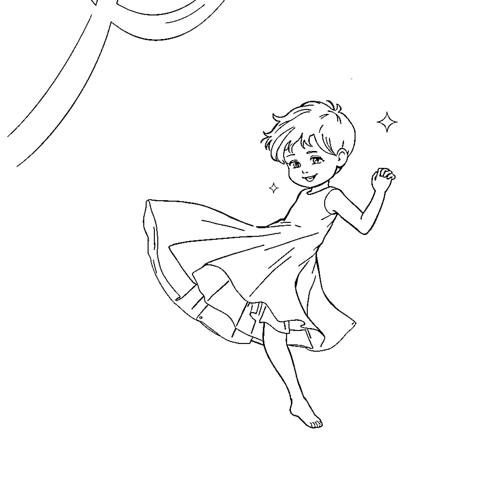 Child dancing in sparkling dress Coloring Page (free black-and-white line drawing printable PDF for all, from beginners to advanced learners, including children, teens, adults, and seniors)