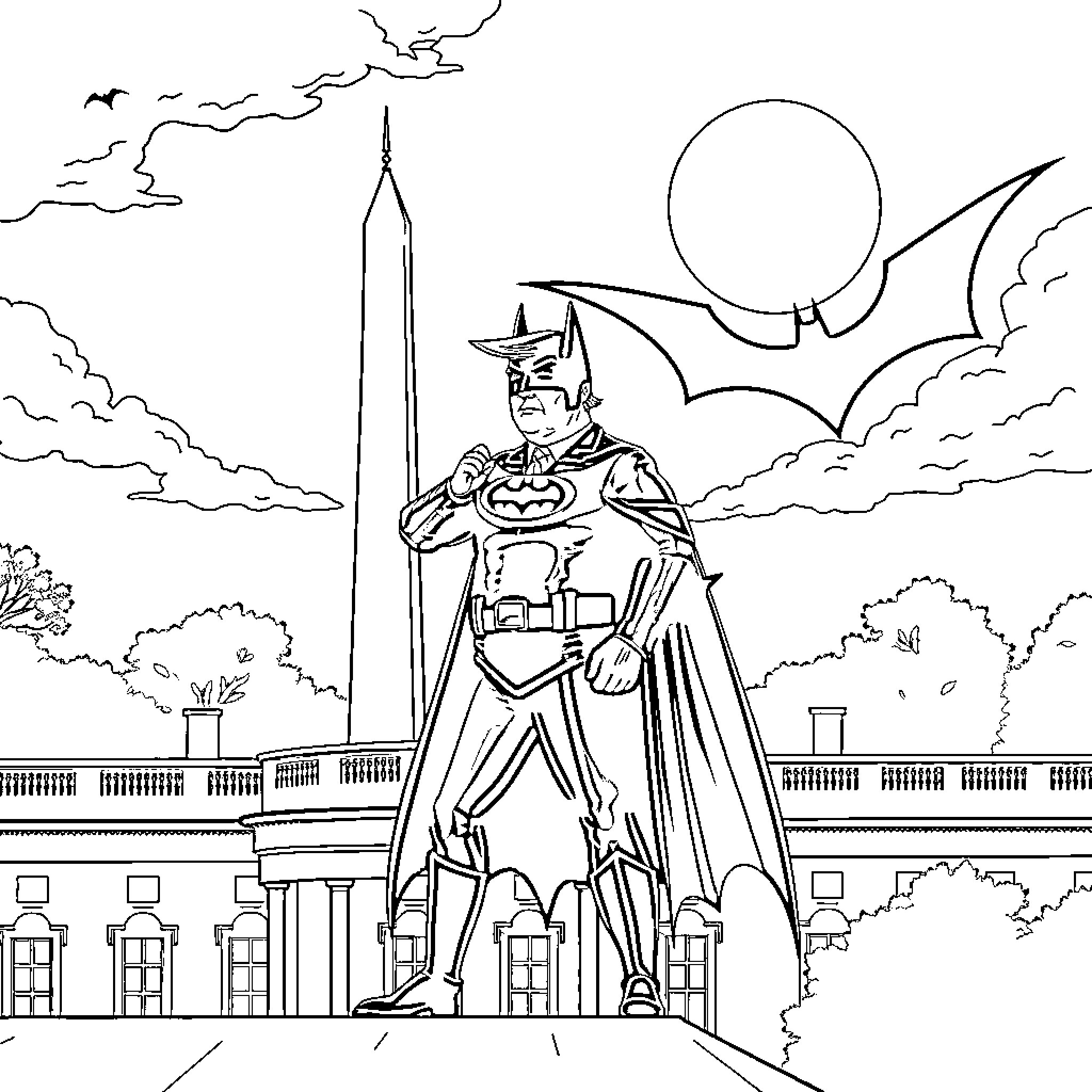 Donald Trump standing heroically under a full moon Coloring Page (free black-and-white line drawing printable PDF for all, from beginners to advanced learners, including children, teens, adults, and seniors)