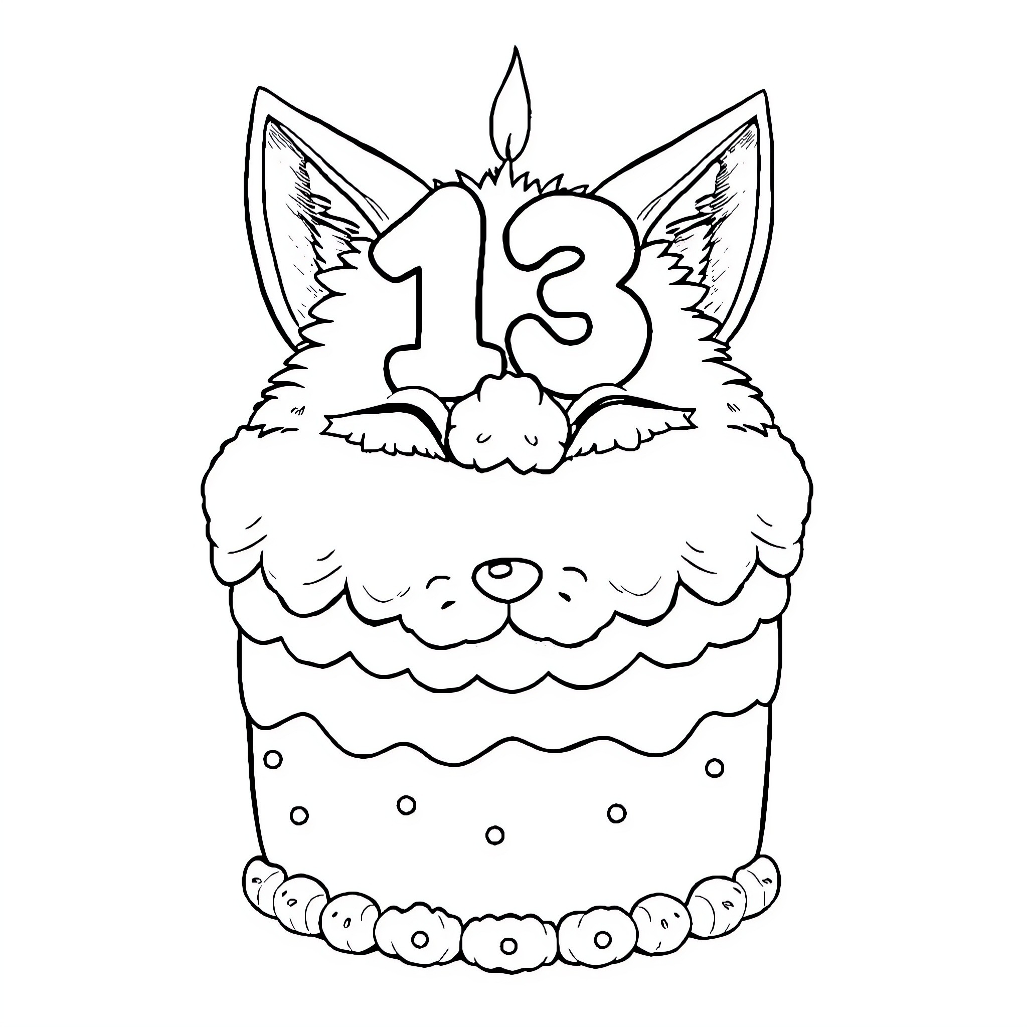 Fox with birthday cake and candles Coloring Page (free black-and-white line drawing printable PDF for all, from beginners to advanced learners, including children, teens, adults, and seniors)