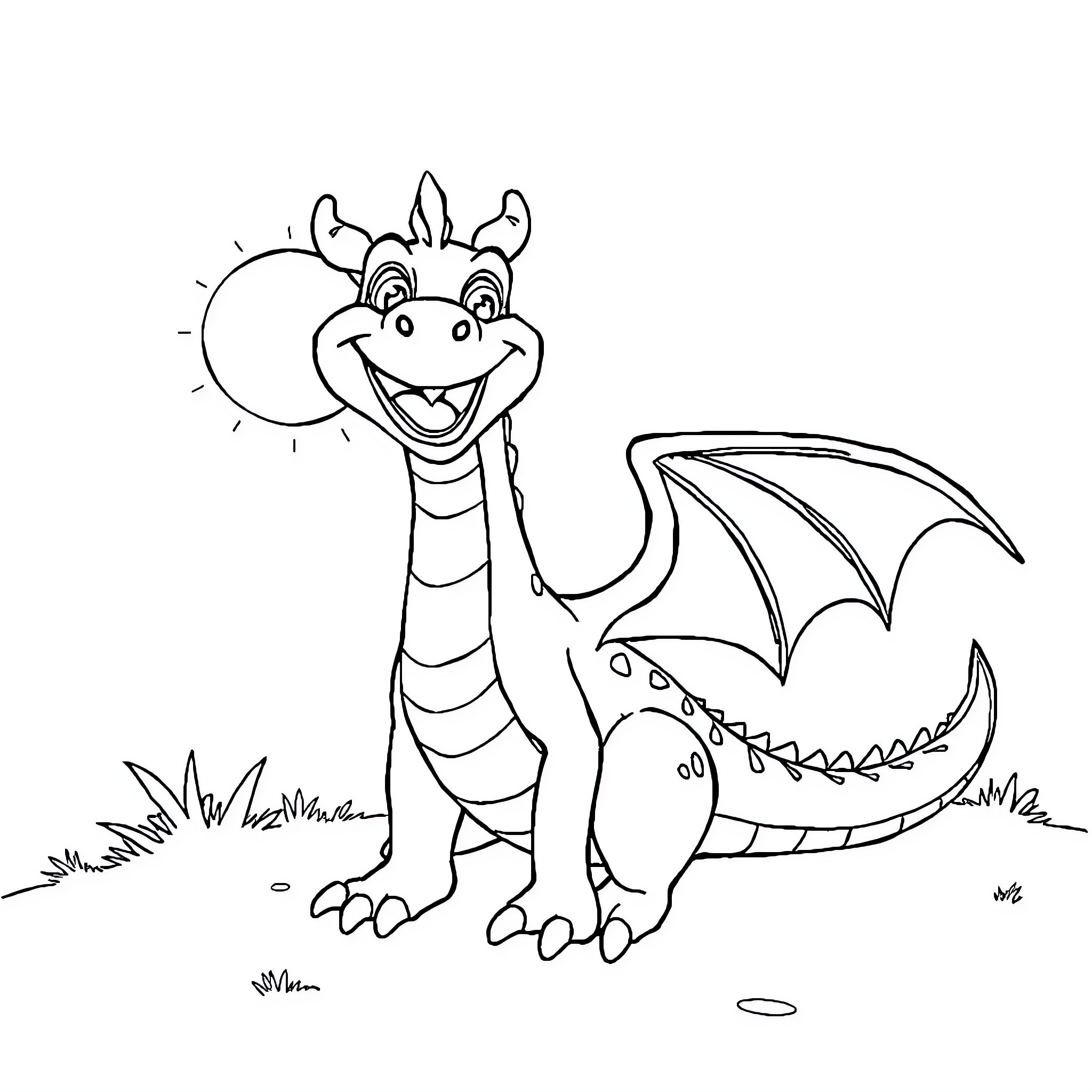 Banguela the friendly dragon in the meadow Coloring Page (free black-and-white line drawing printable PDF for all, from beginners to advanced learners, including children, teens, adults, and seniors)