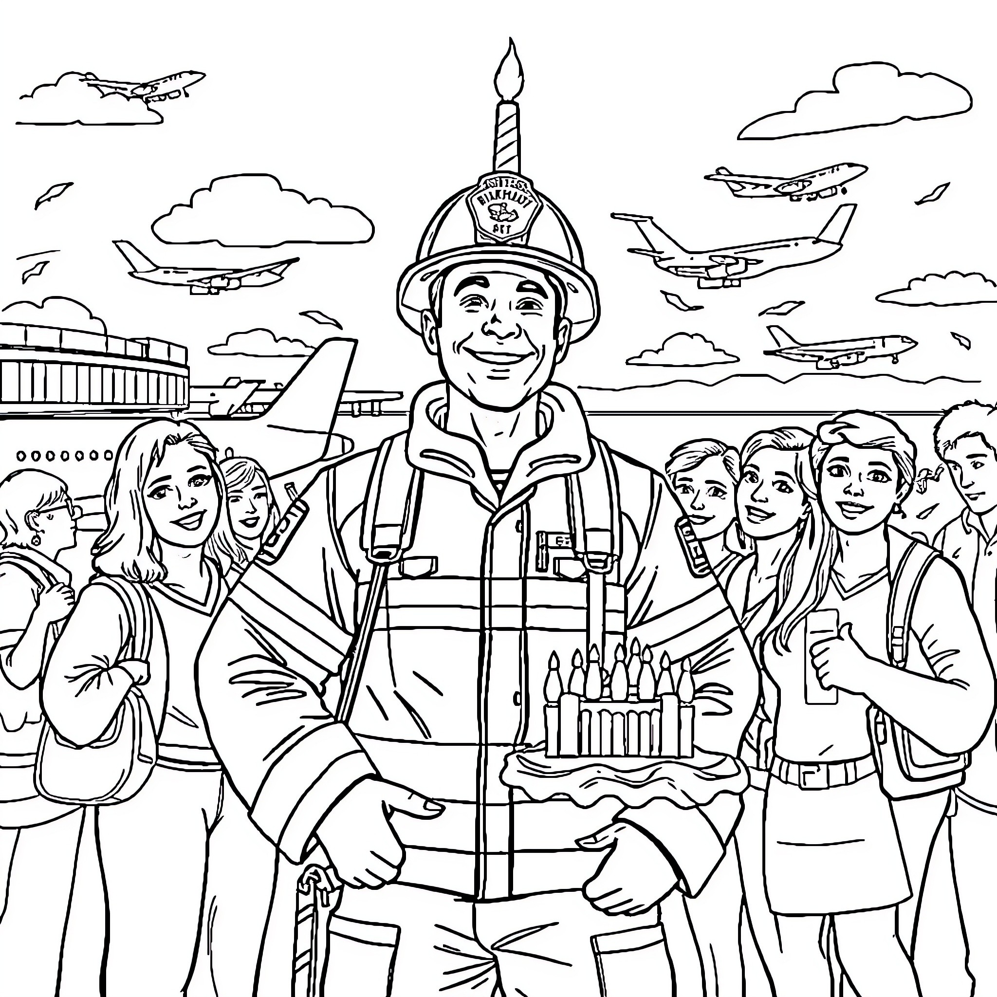 Firefighter Celebrates Birthday with Colleagues Coloring Page (free black-and-white line drawing printable PDF for all, from beginners to advanced learners, including children, teens, adults, and seniors)