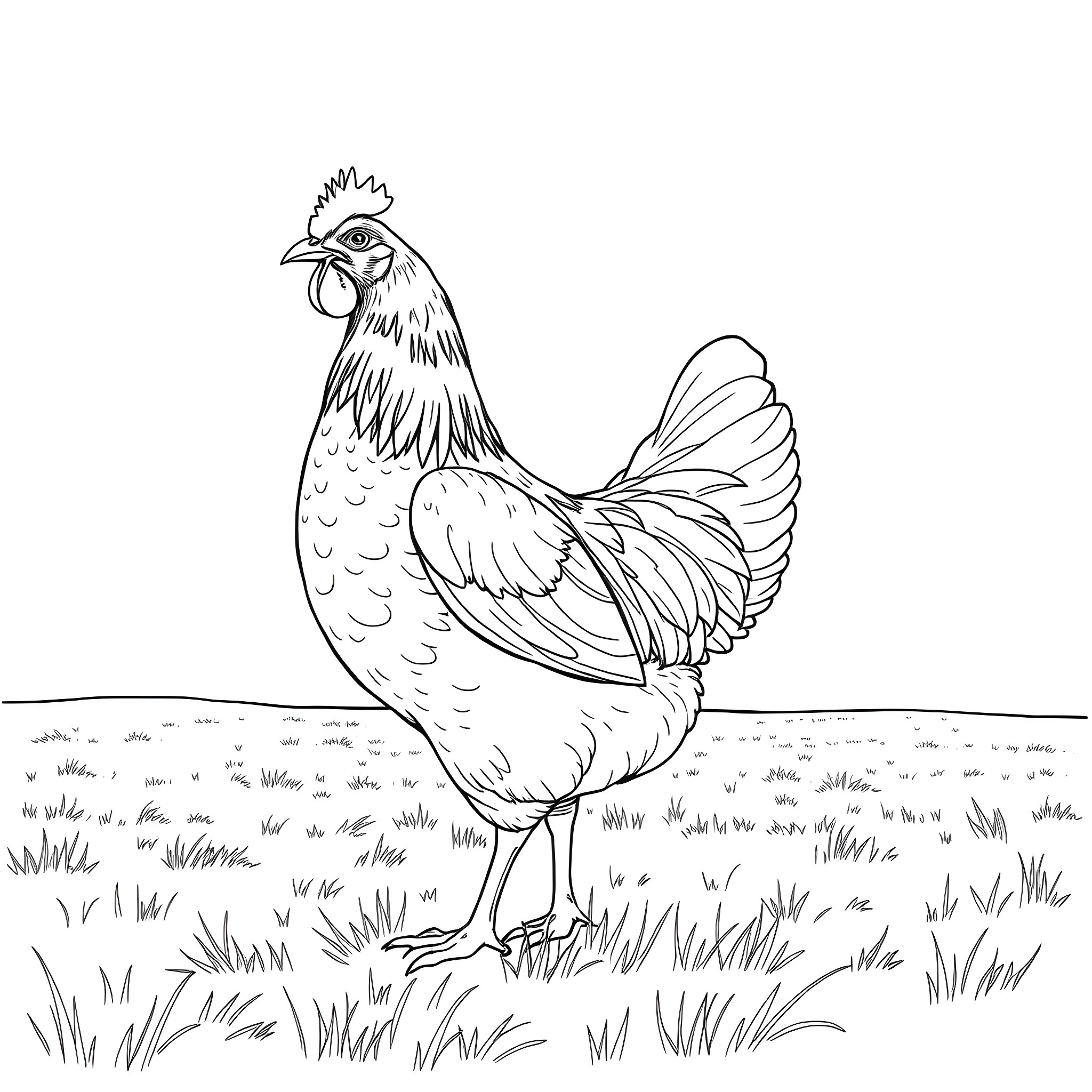 Hen standing on grassy field Coloring Page (free black-and-white line drawing printable PDF for all, from beginners to advanced learners, including children, teens, adults, and seniors)