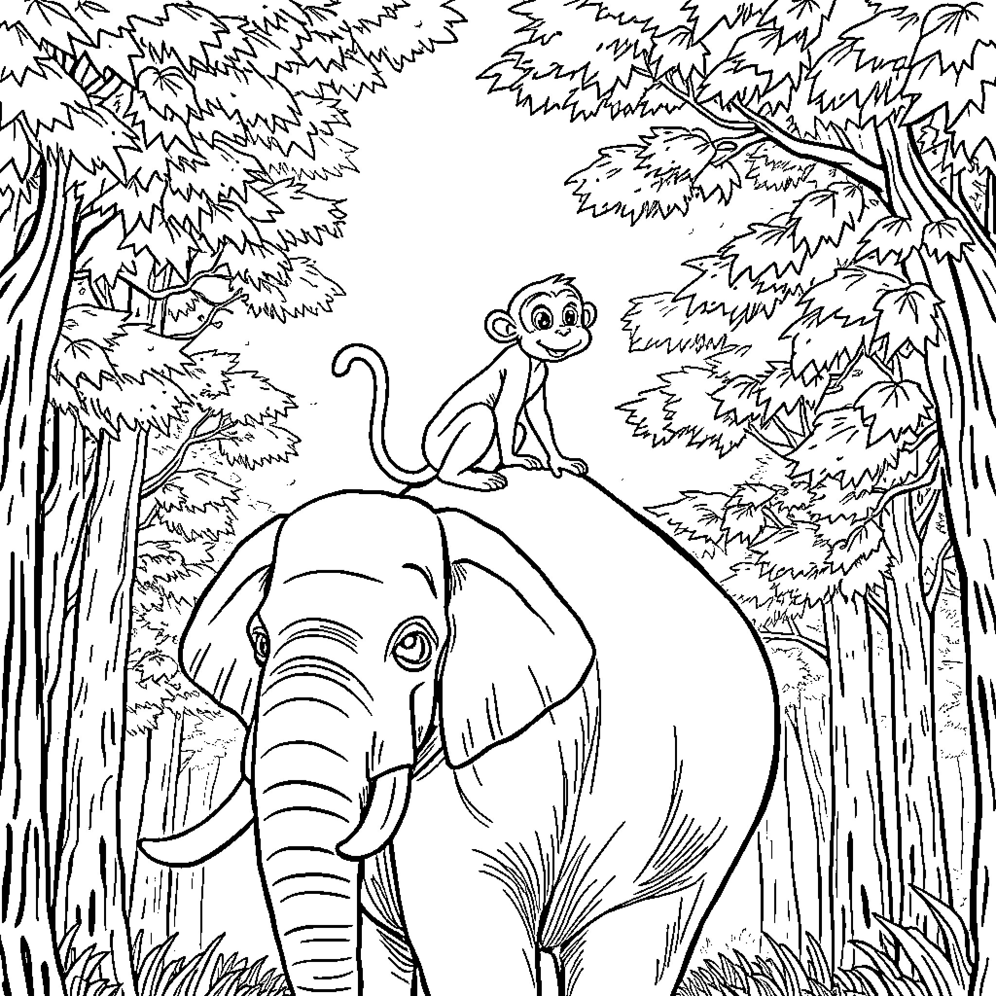 Monkey and Elephant in the Jungle Coloring Page (free black-and-white line drawing printable PDF for all, from beginners to advanced learners, including children, teens, adults, and seniors)