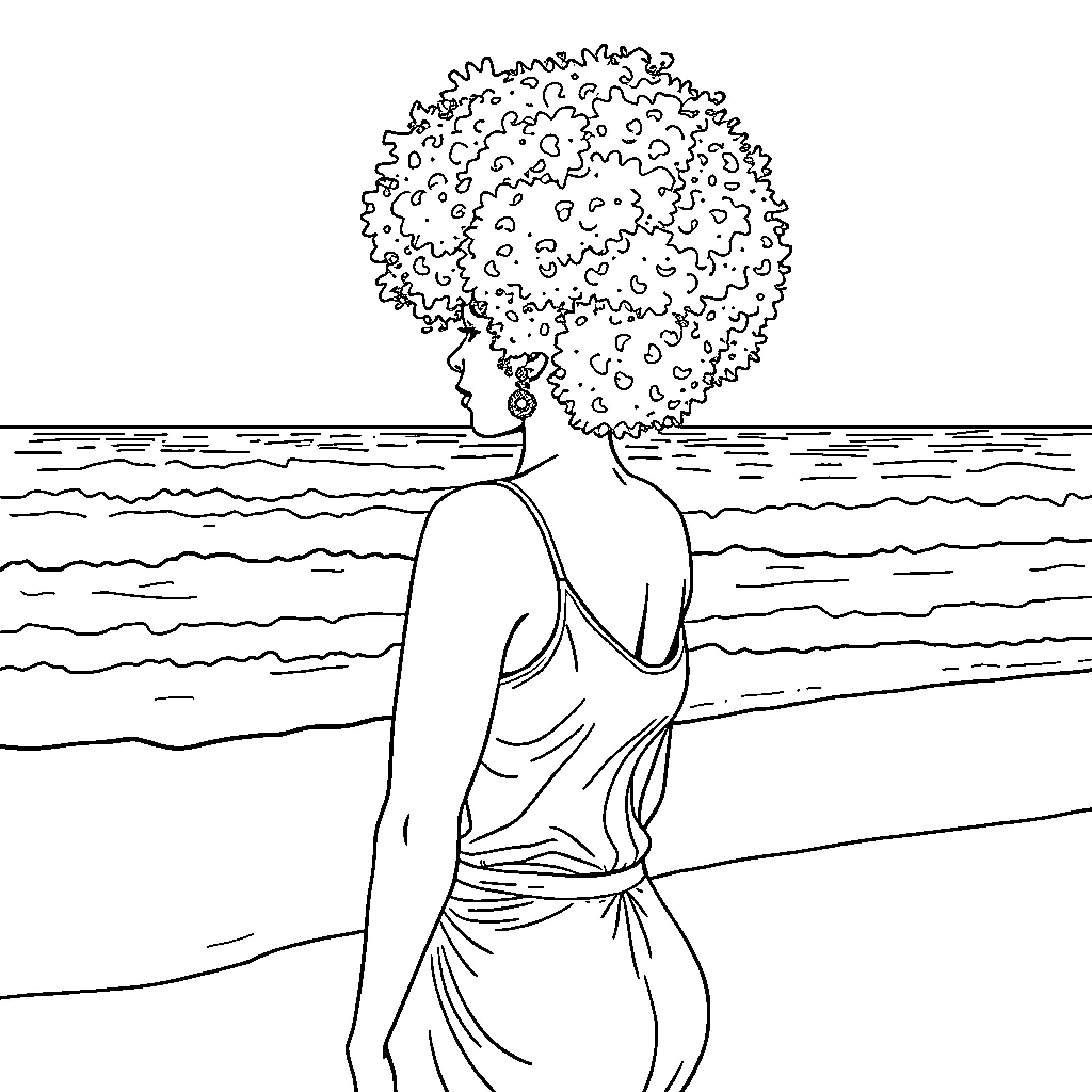 Woman standing by the ocean Coloring Page (free black-and-white line drawing printable PDF for all, from beginners to advanced learners, including children, teens, adults, and seniors)