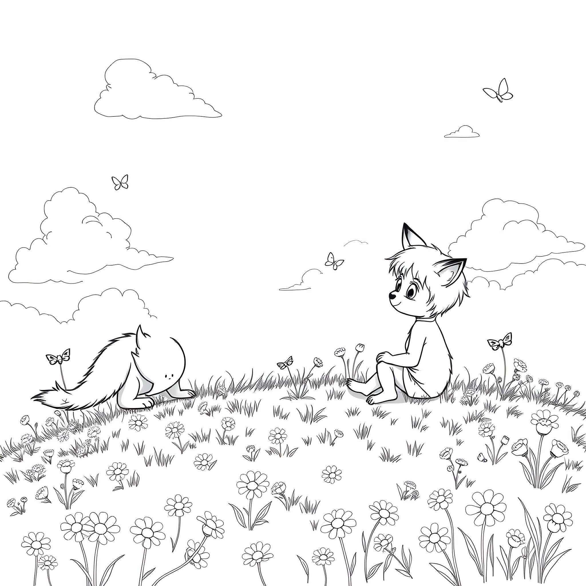 Coyote playing in a flower-filled meadow Coloring Page (free black-and-white line drawing printable PDF for all, from beginners to advanced learners, including children, teens, adults, and seniors)
