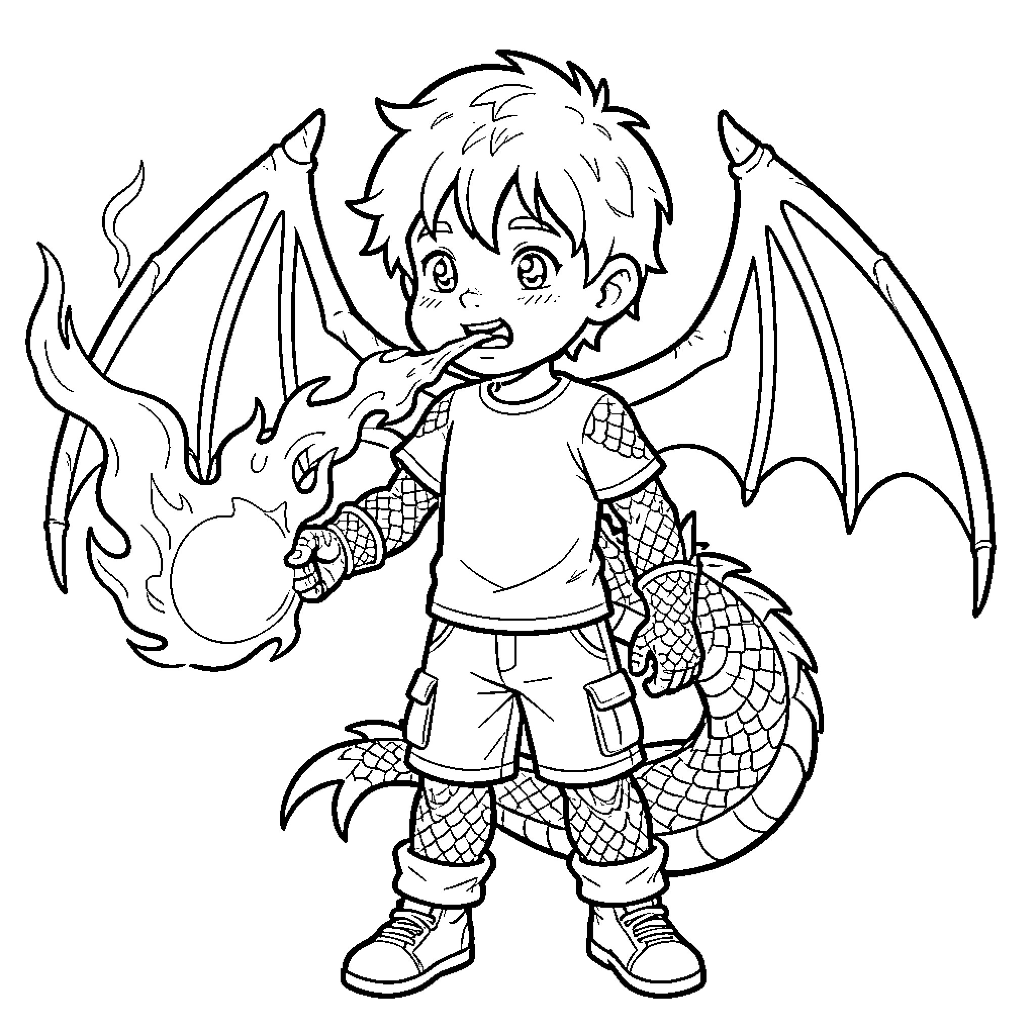 Dragon Boy Explores Fantasy World with Wonder Coloring Page (free black-and-white line drawing printable PDF for all, from beginners to advanced learners, including children, teens, adults, and seniors)