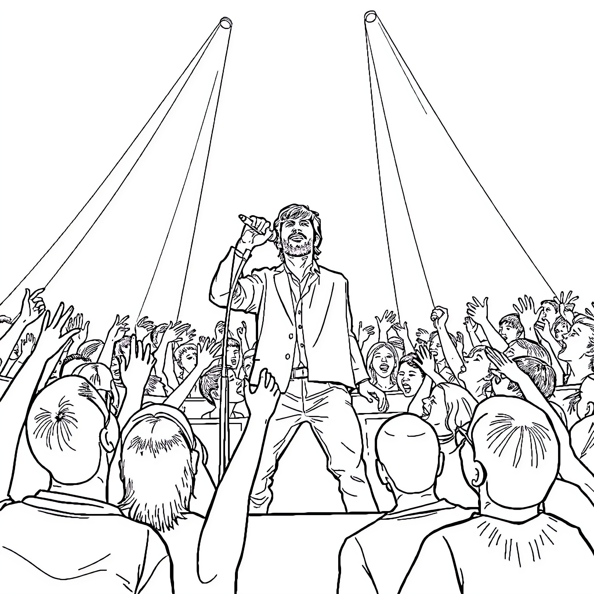 Liam Gallagher performing on stage with adoring crowd Coloring Page (free black-and-white line drawing printable PDF for all, from beginners to advanced learners, including children, teens, adults, and seniors)