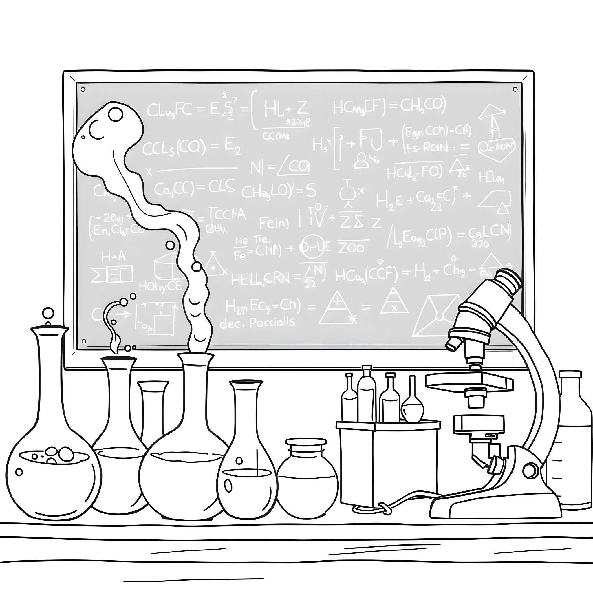 Science Lab with Experimental Equipment and Formulas Coloring Page (free black-and-white line drawing printable PDF for all, from beginners to advanced learners, including children, teens, adults, and seniors)