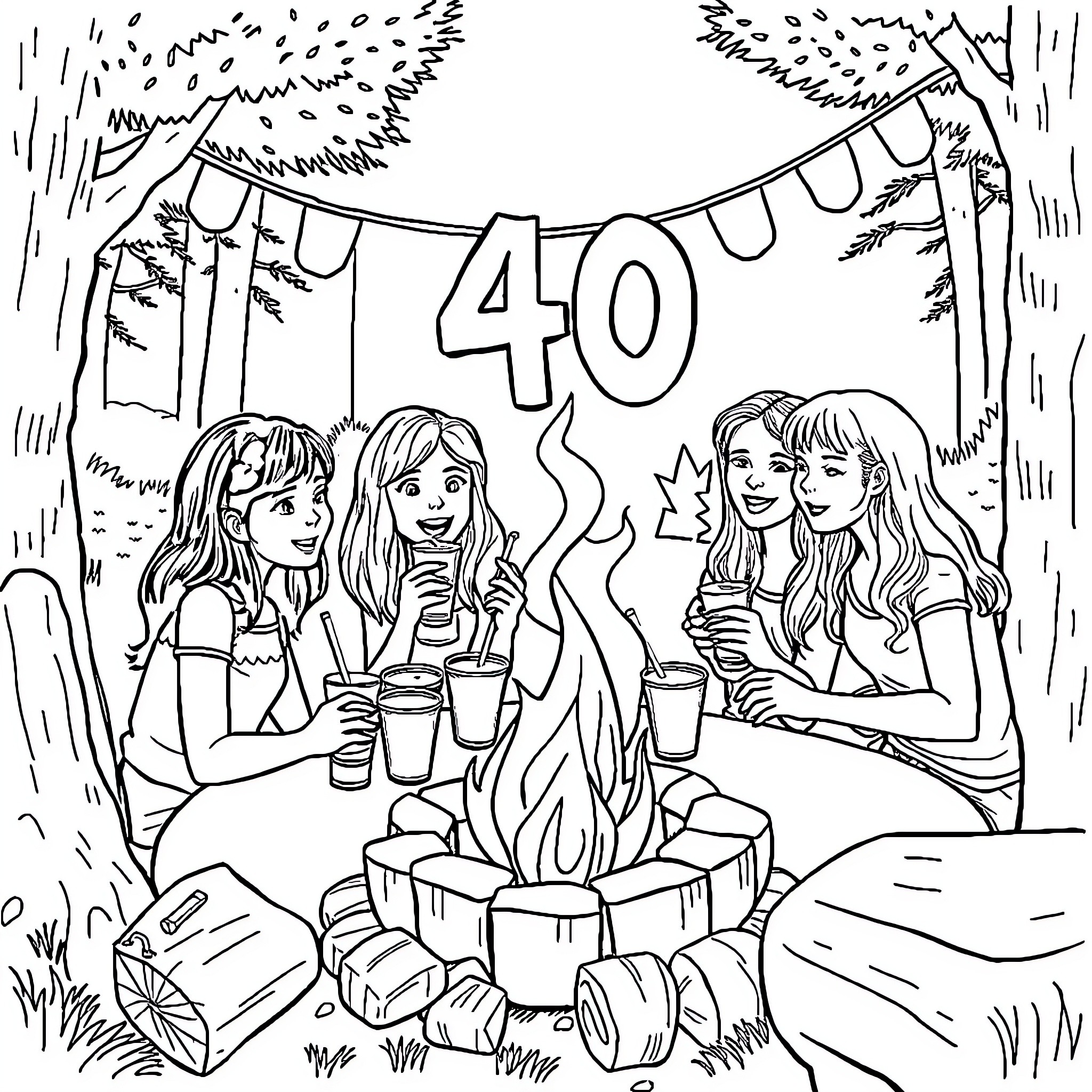 Birthday celebration in the woods Coloring Page (free black-and-white line drawing printable PDF for all, from beginners to advanced learners, including children, teens, adults, and seniors)