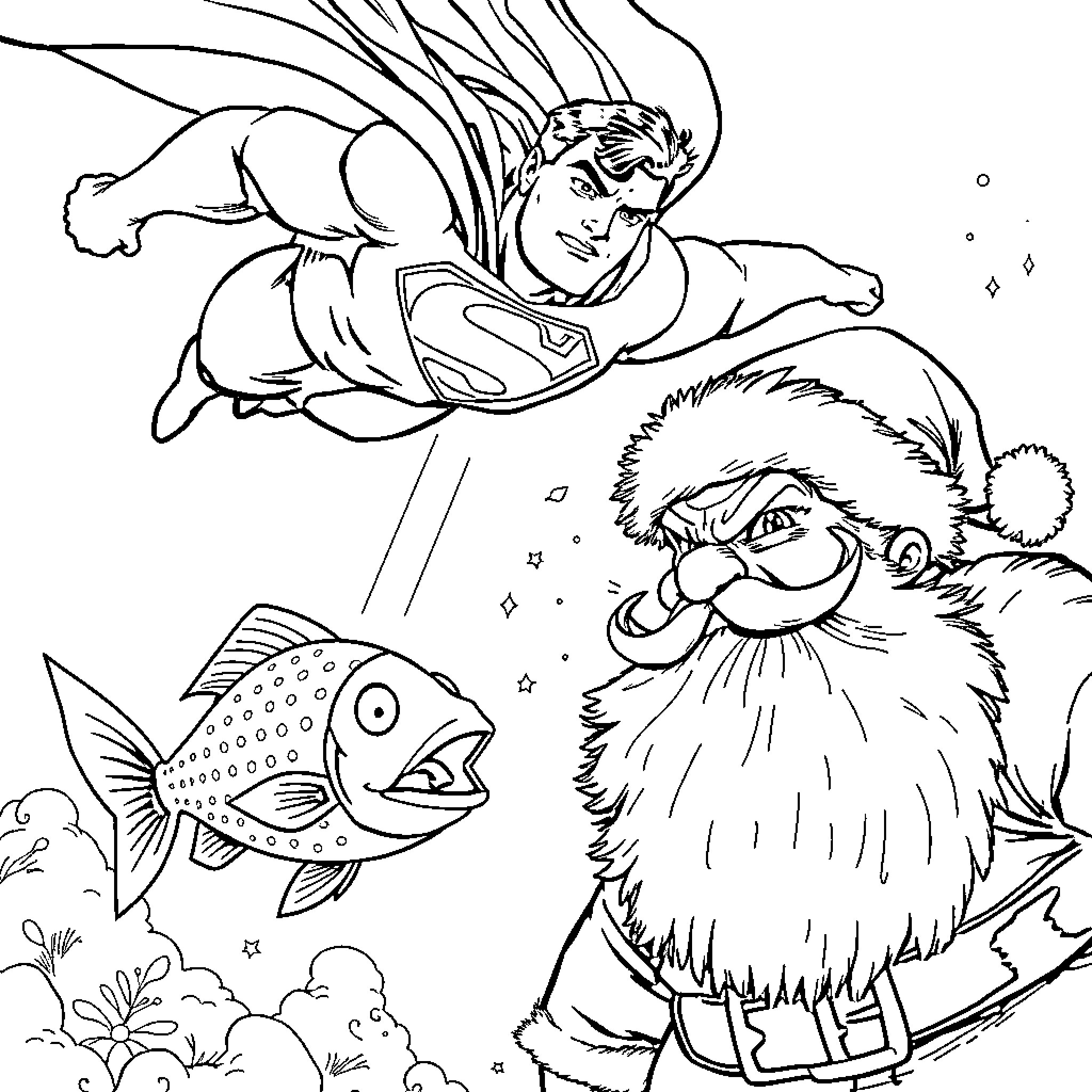 Superman heroically rescuing Santa from an underwater scene Coloring Page (free black-and-white line drawing printable PDF for all, from beginners to advanced learners, including children, teens, adults, and seniors)