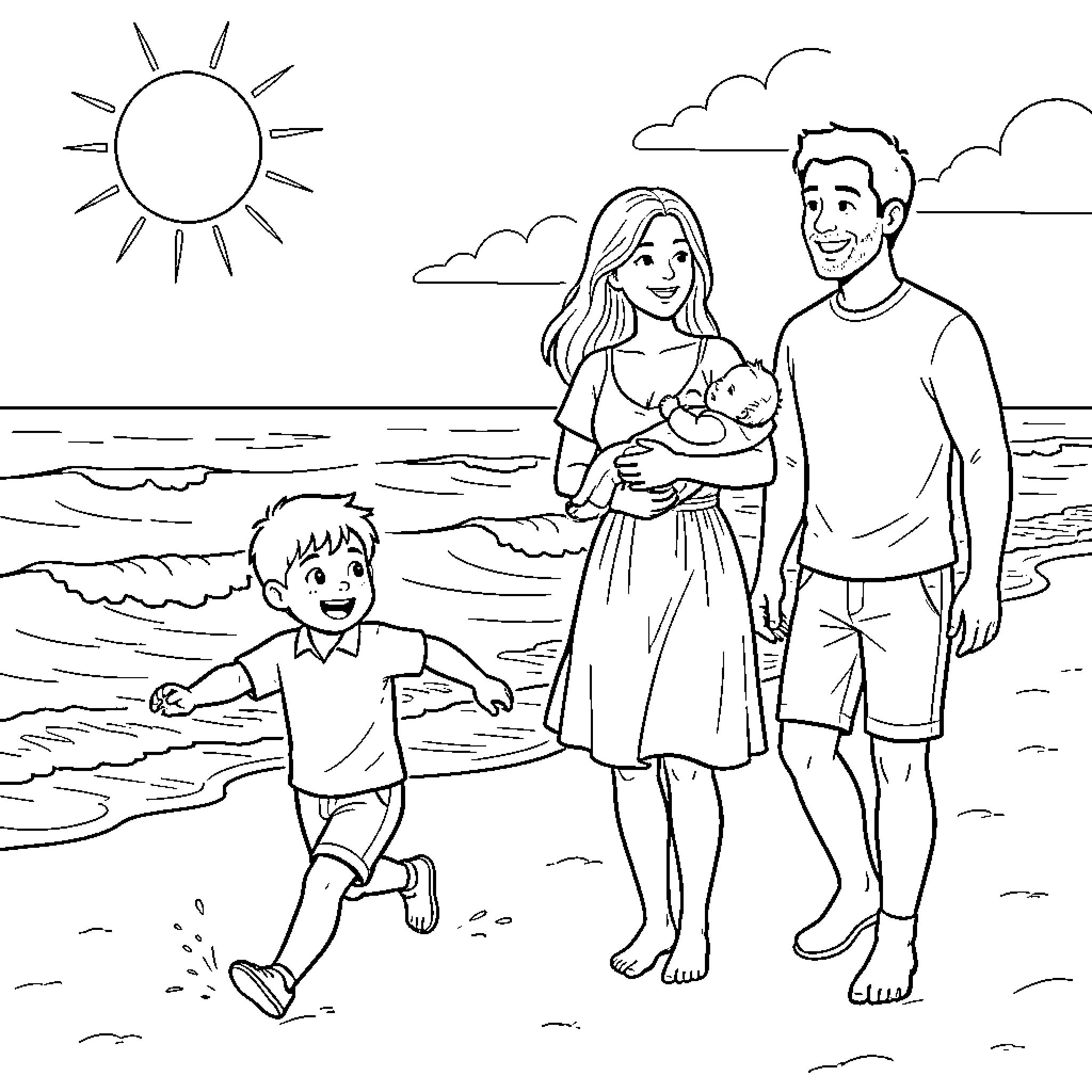 Familia enjoying a sunny day at the beach Coloring Page (free black-and-white line drawing printable PDF for all, from beginners to advanced learners, including children, teens, adults, and seniors)