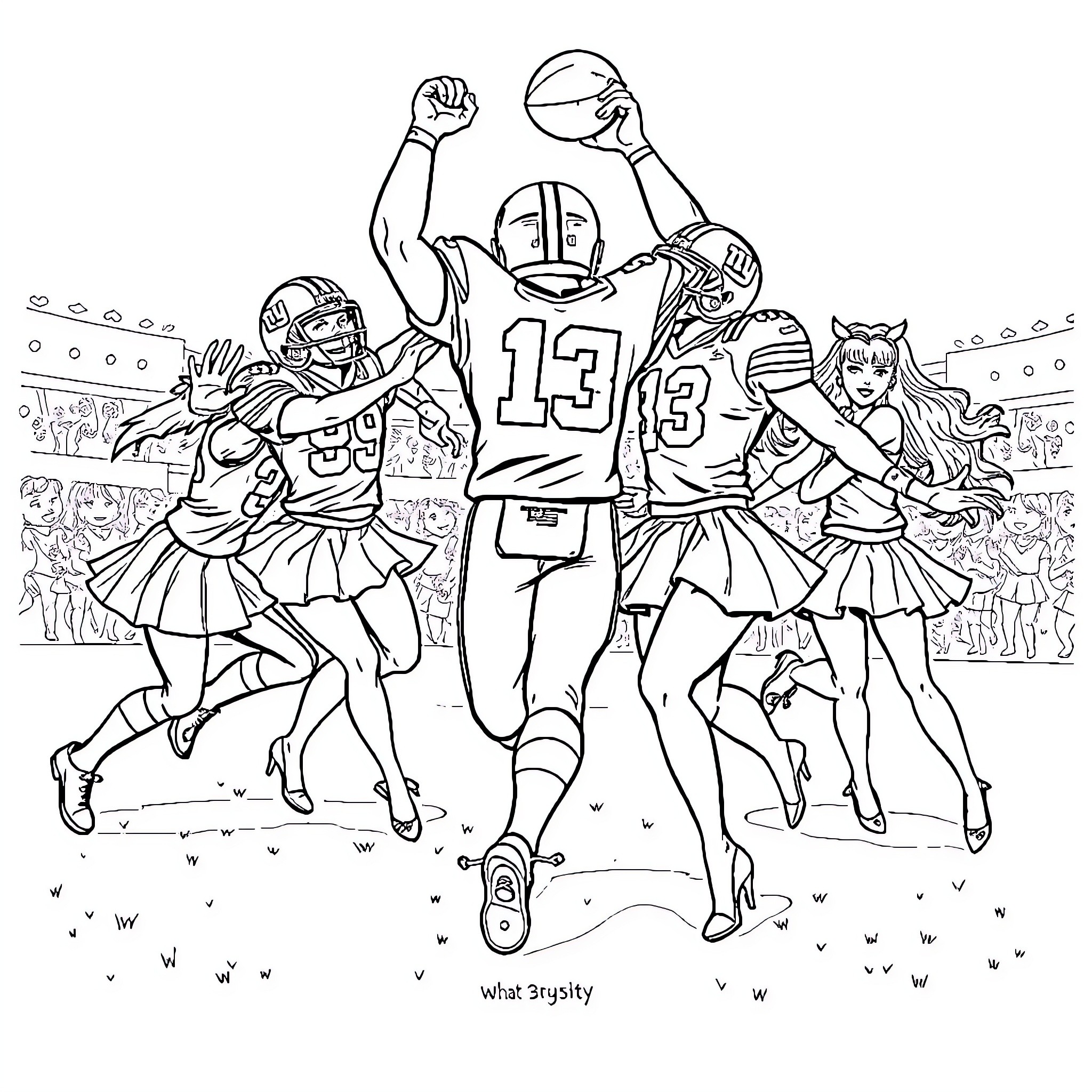 NFL Players Competing Intensely on the Field Coloring Page (free black-and-white line drawing printable PDF for all, from beginners to advanced learners, including children, teens, adults, and seniors)