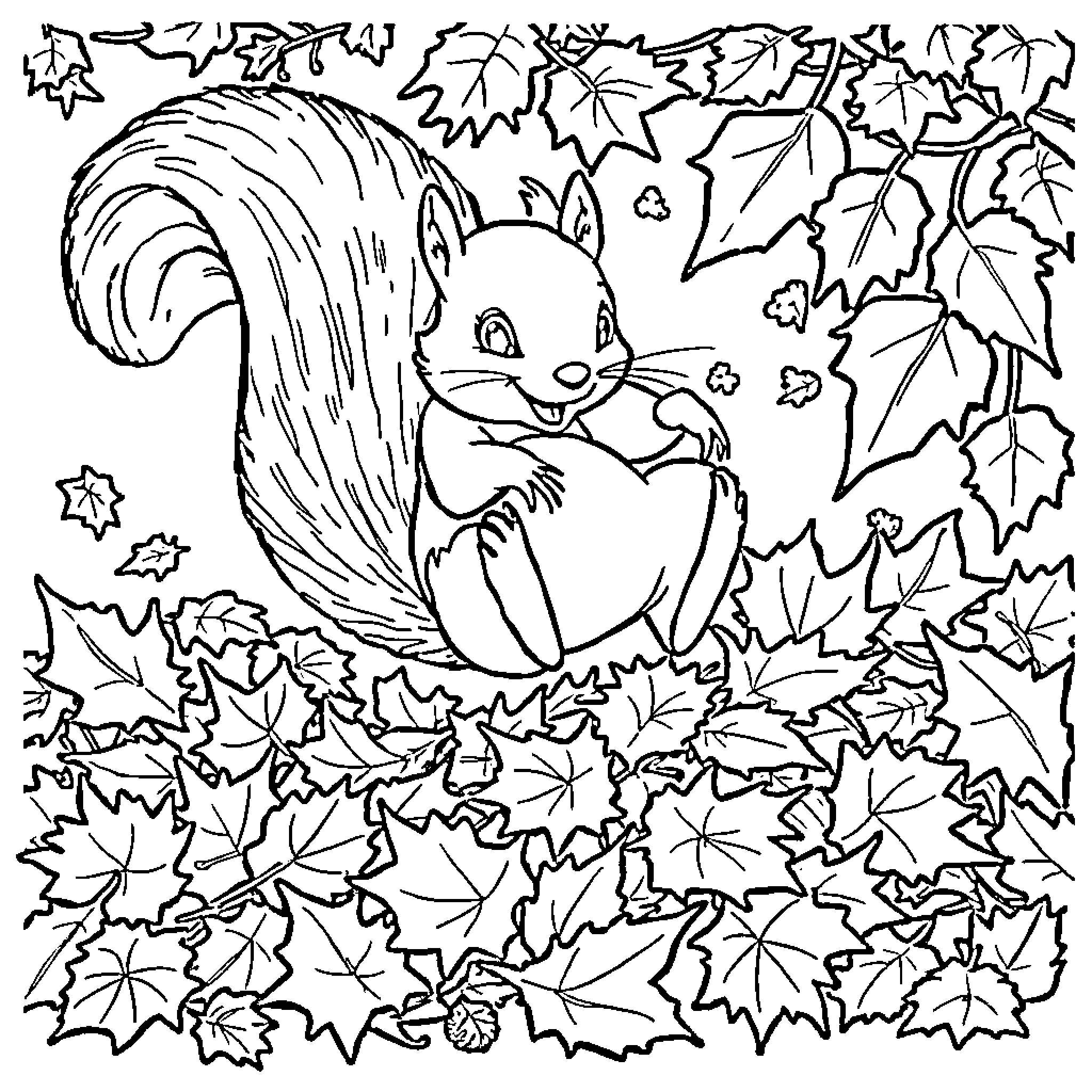 Squirrel Gathering Acorns Among Autumn Leaves Coloring Page (free black-and-white line drawing printable PDF for all, from beginners to advanced learners, including children, teens, adults, and seniors)