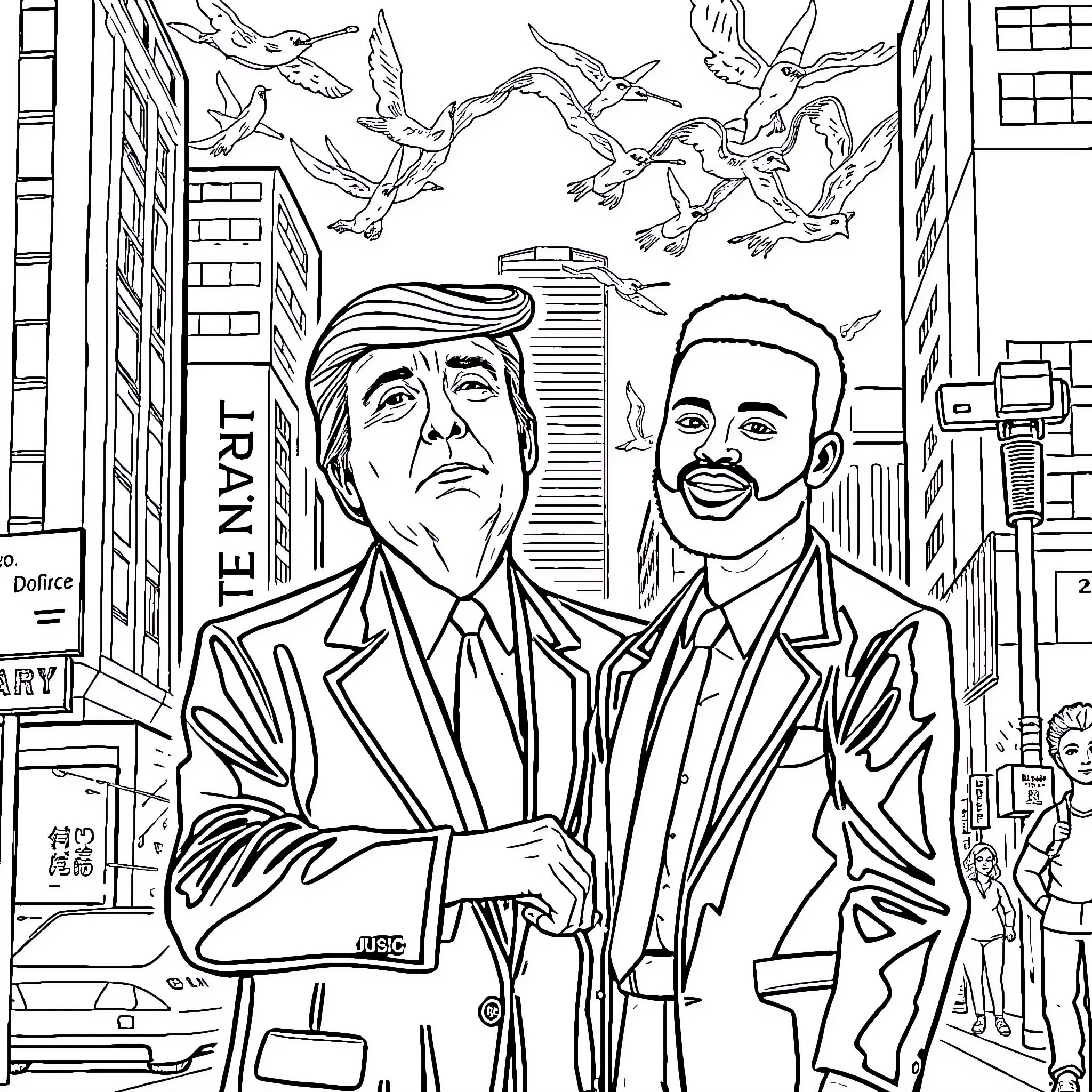 Donald Trump and another figure standing in an urban setting Coloring Page (free black-and-white line drawing printable PDF for all, from beginners to advanced learners, including children, teens, adults, and seniors)