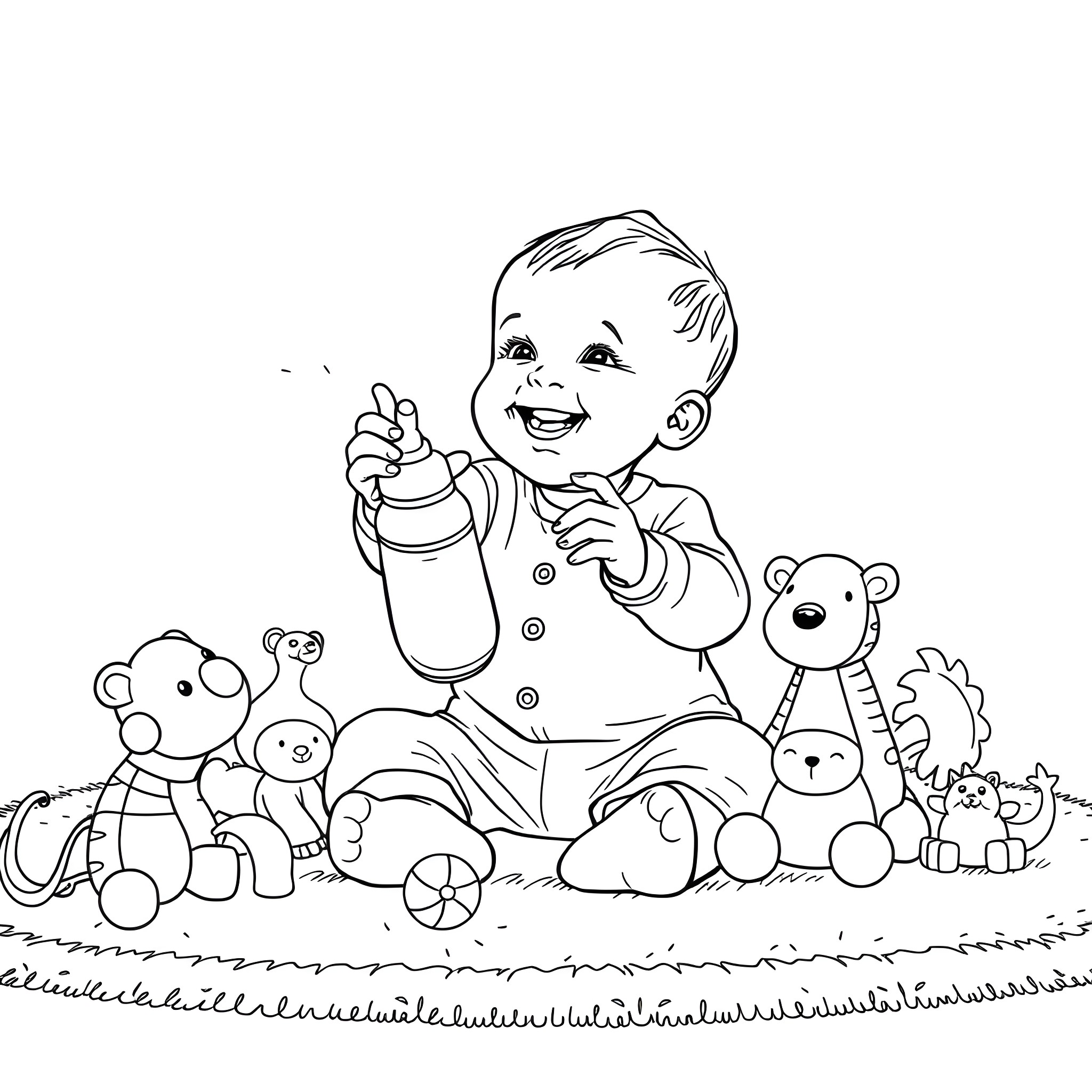 Baby playing with favorite toys on the grass Coloring Page (free black-and-white line drawing printable PDF for all, from beginners to advanced learners, including children, teens, adults, and seniors)