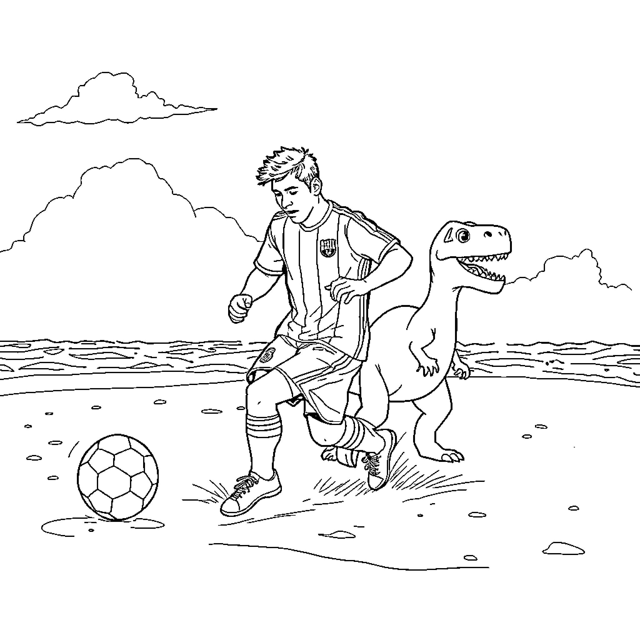 Lionel Messi playing soccer with a dinosaur companion Coloring Page (free black-and-white line drawing printable PDF for all, from beginners to advanced learners, including children, teens, adults, and seniors)
