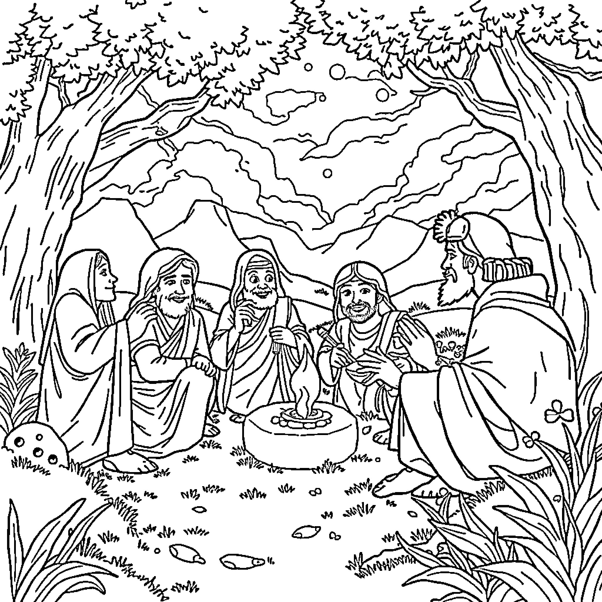 Bible Story of Disciples Sharing a Meal Outdoors Coloring Page (free black-and-white line drawing printable PDF for all, from beginners to advanced learners, including children, teens, adults, and seniors)