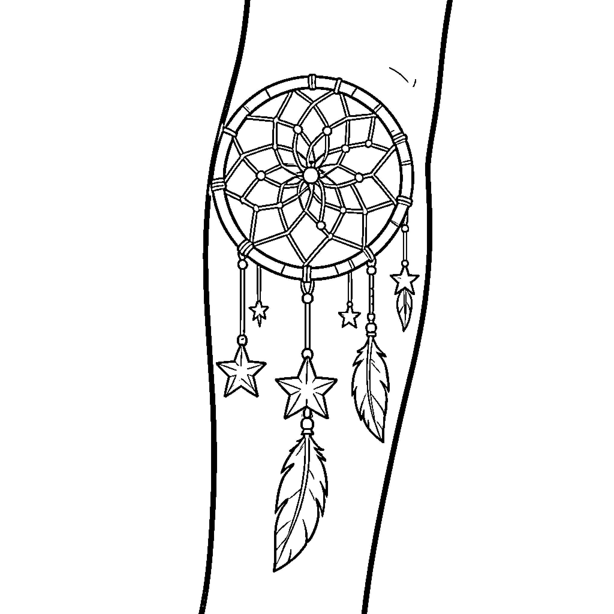 Dream Catcher with Feathers and Stars Coloring Page (free black-and-white line drawing printable PDF for all, from beginners to advanced learners, including children, teens, adults, and seniors)