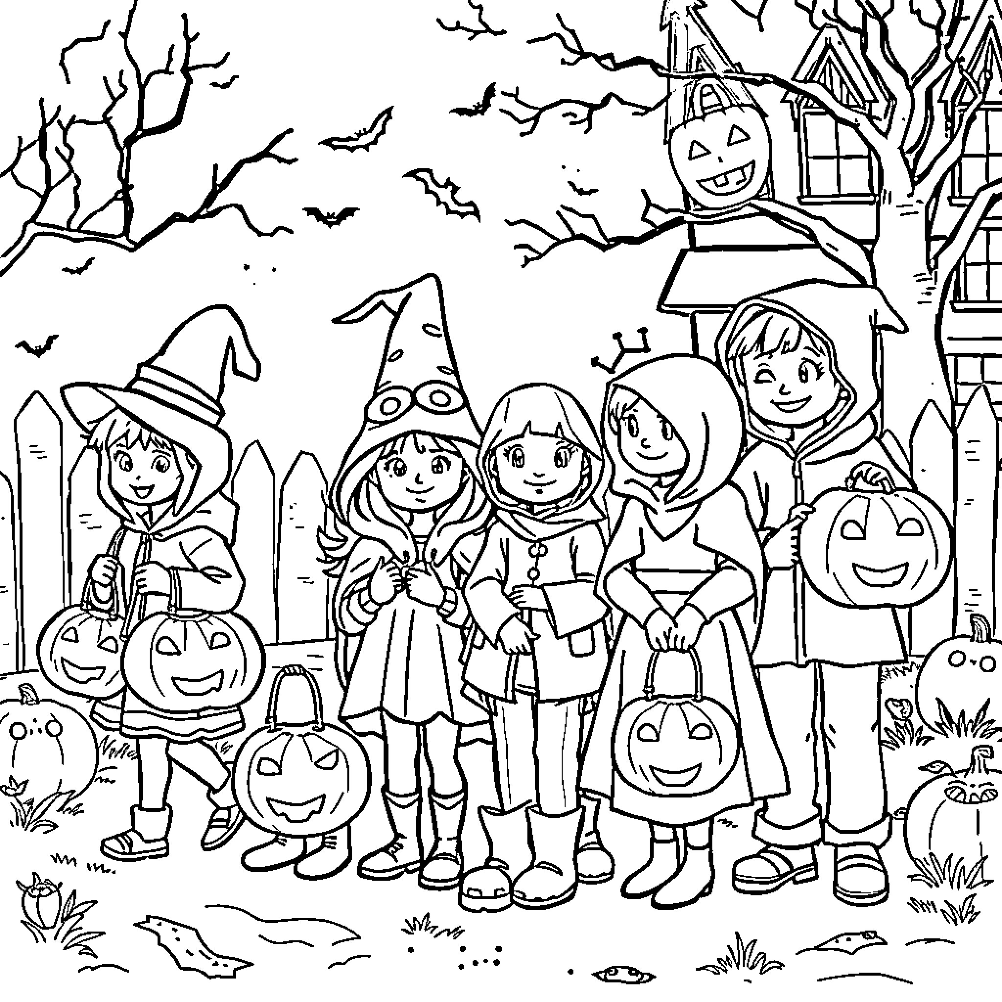Halloween Costumed Children Enjoying the Holiday Coloring Page (free black-and-white line drawing printable PDF for all, from beginners to advanced learners, including children, teens, adults, and seniors)