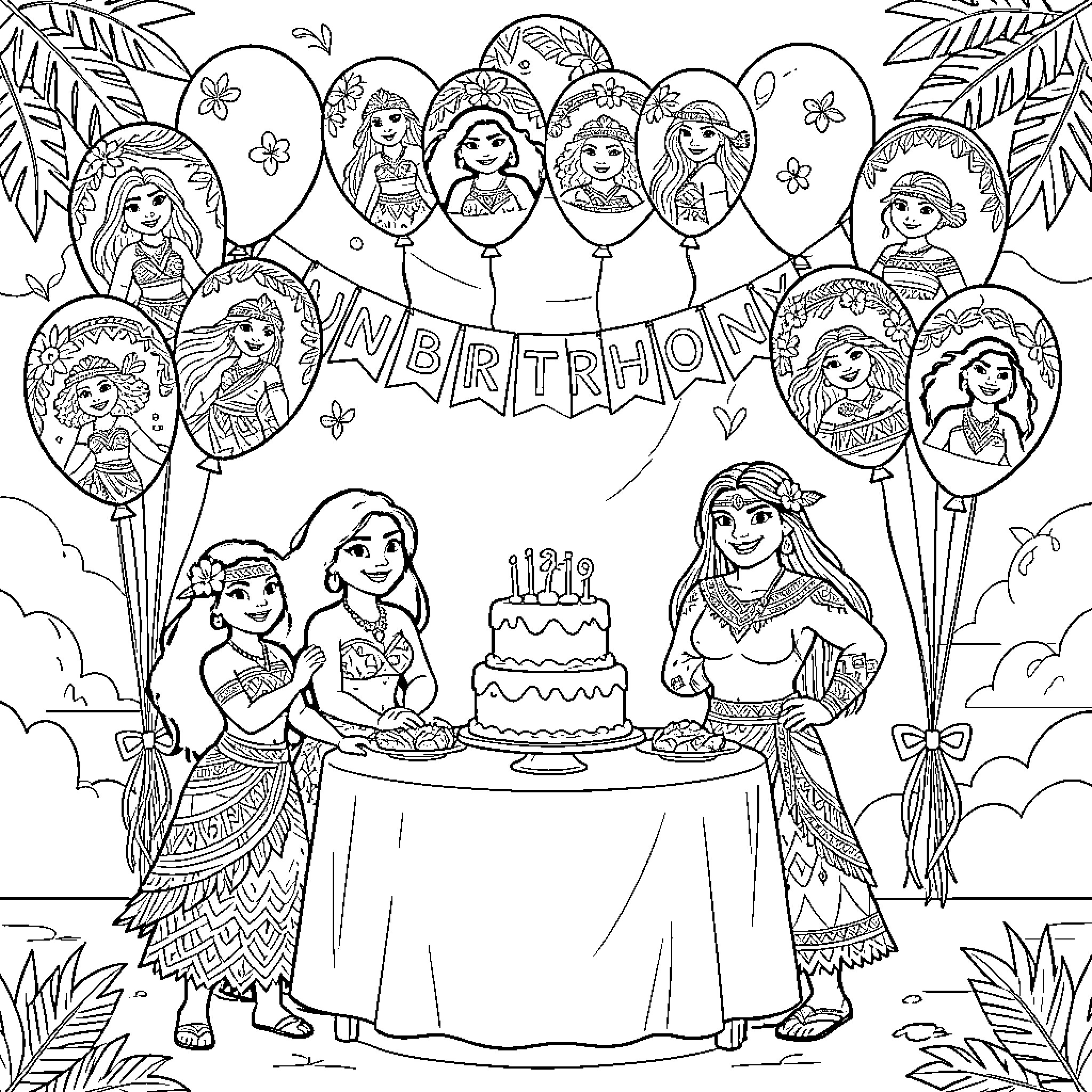 Moana's Birthday Celebration with Friends Coloring Page (free black-and-white line drawing printable PDF for all, from beginners to advanced learners, including children, teens, adults, and seniors)