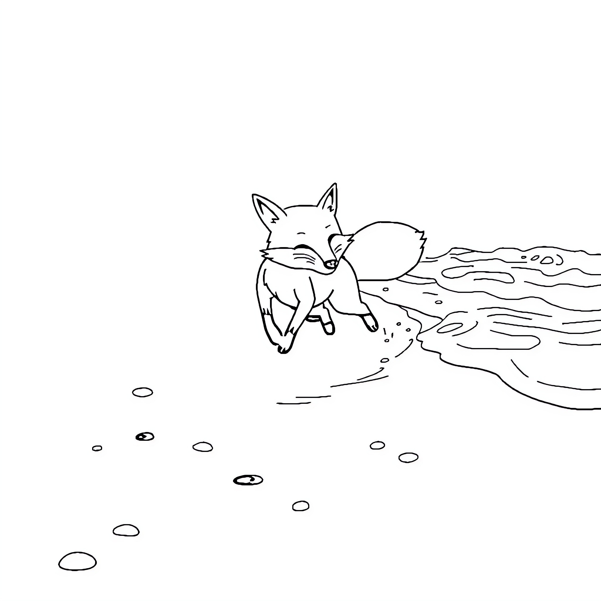 Fox running swiftly through the snow Coloring Page (free black-and-white line drawing printable PDF for all, from beginners to advanced learners, including children, teens, adults, and seniors)