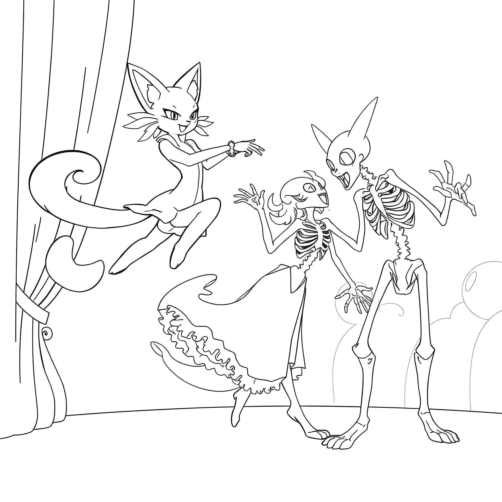 Pokémon characters in a whimsical dance Coloring Page (free black-and-white line drawing printable PDF for all, from beginners to advanced learners, including children, teens, adults, and seniors)
