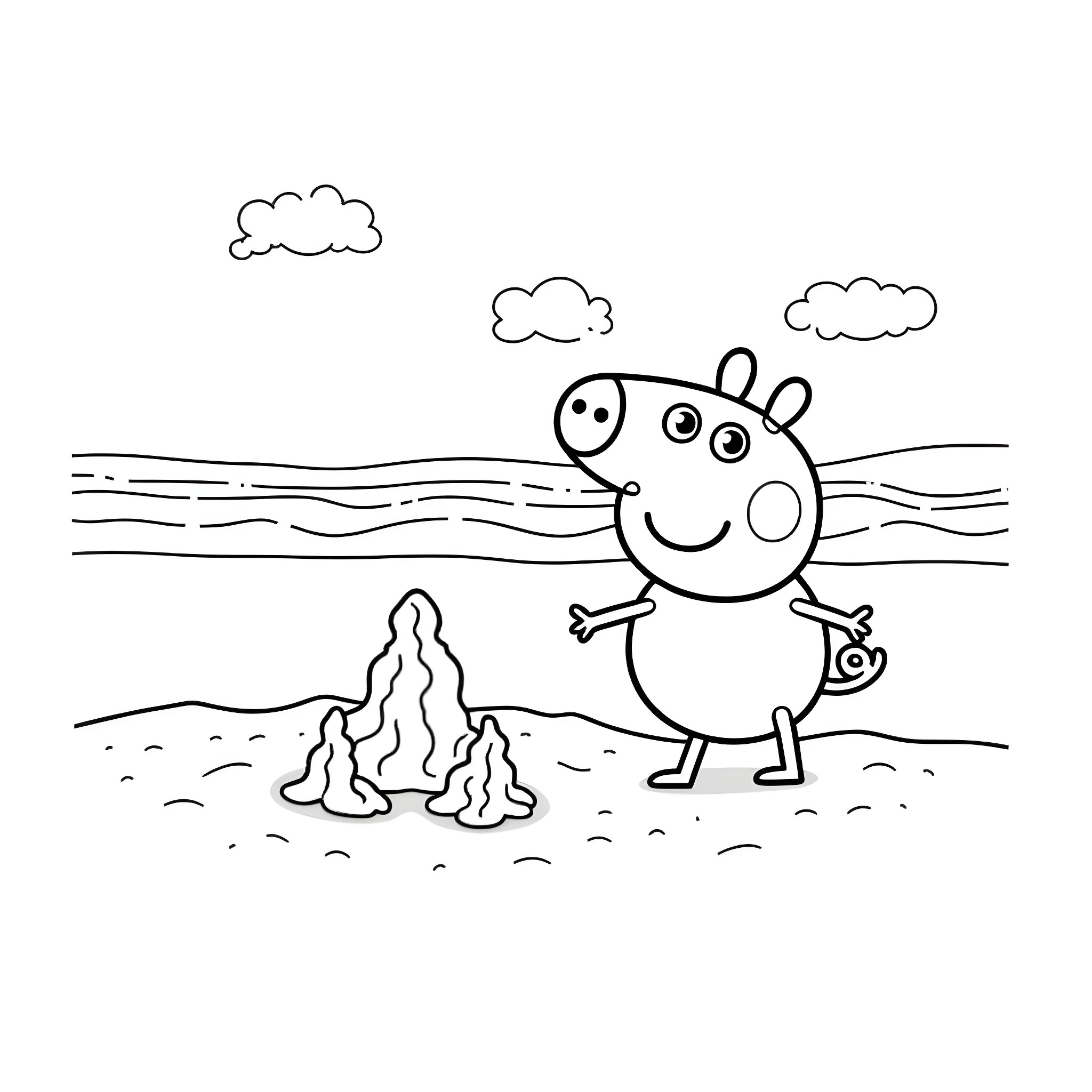 Bluey playing happily at the beach Coloring Page (free black-and-white line drawing printable PDF for all, from beginners to advanced learners, including children, teens, adults, and seniors)