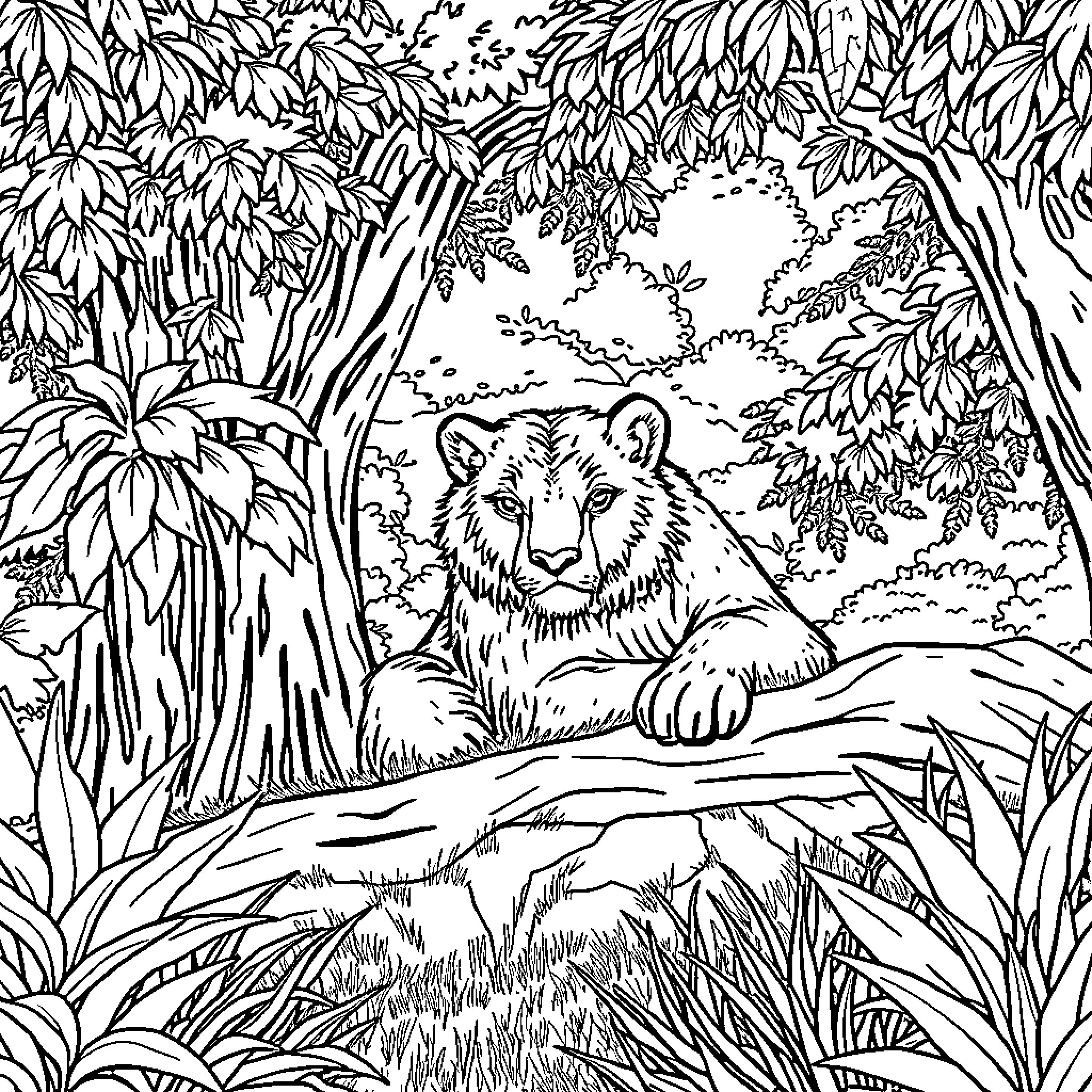 Bear in Lush Forest Wilderness Coloring Page (free black-and-white line drawing printable PDF for all, from beginners to advanced learners, including children, teens, adults, and seniors)