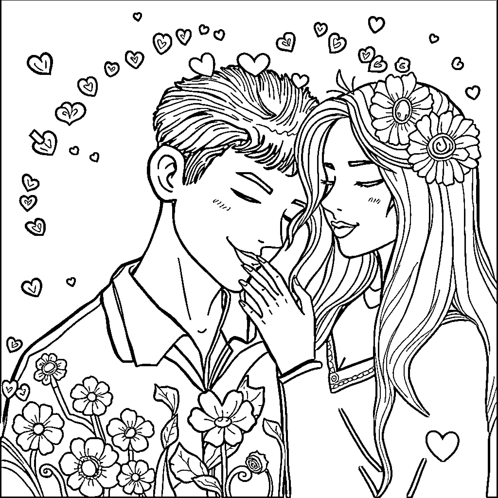 Love captured in romantic embrace amidst blooming flowers Coloring Page (free black-and-white line drawing printable PDF for all, from beginners to advanced learners, including children, teens, adults, and seniors)