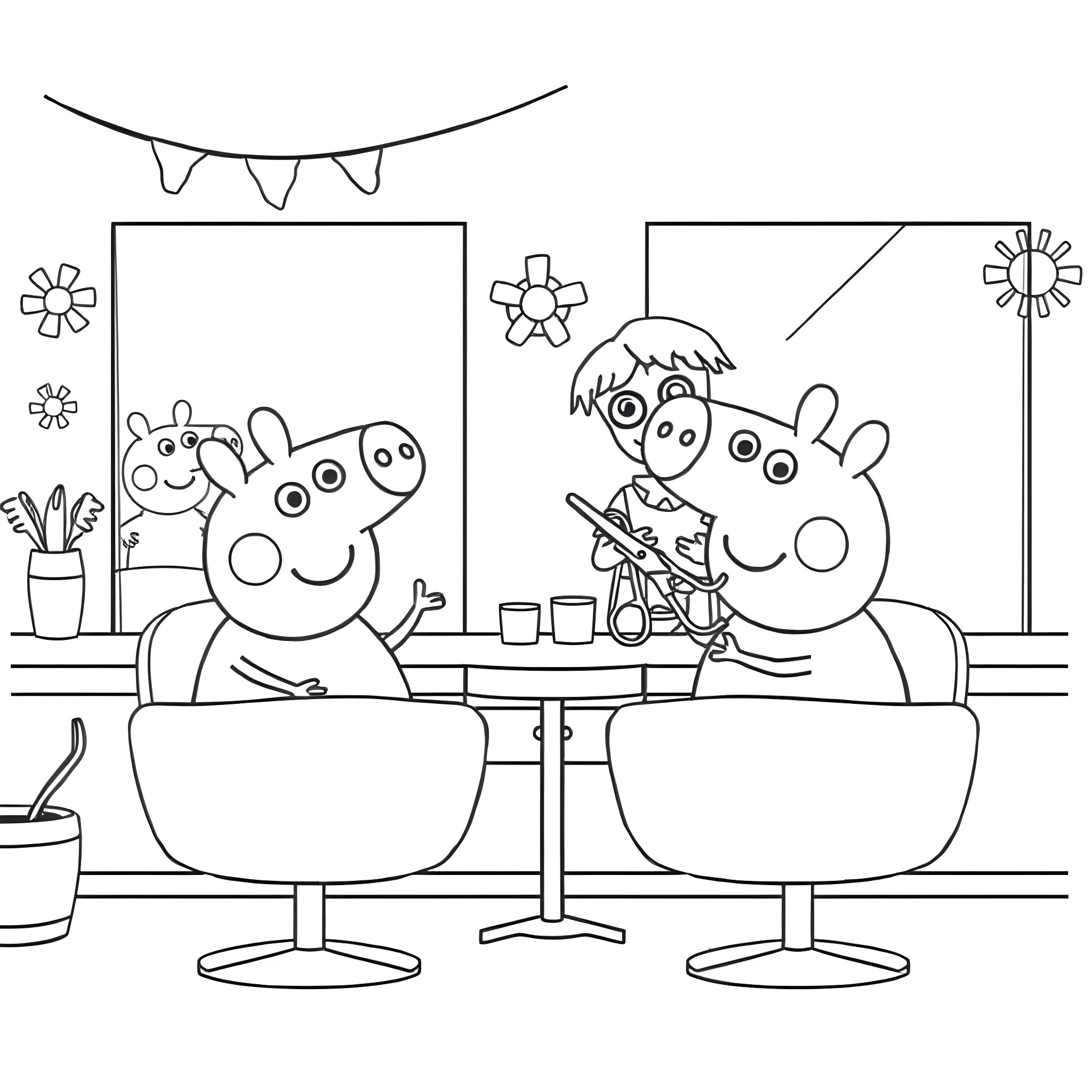 Peppa Pig and Friends Enjoying a Fun Party Coloring Page (free black-and-white line drawing printable PDF for all, from beginners to advanced learners, including children, teens, adults, and seniors)