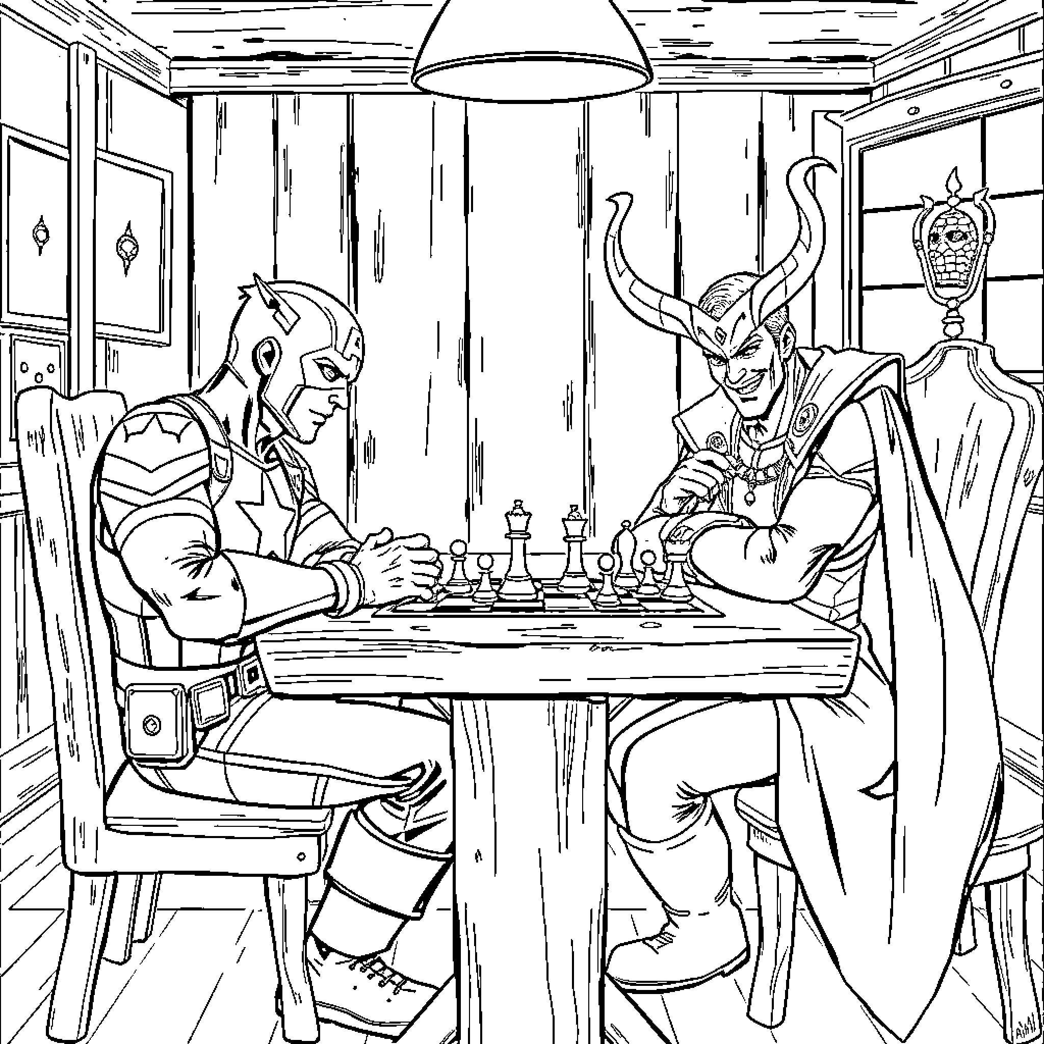 Captain America and Loki Playing Chess in the Mansion Coloring Page (free black-and-white line drawing printable PDF for all, from beginners to advanced learners, including children, teens, adults, and seniors)