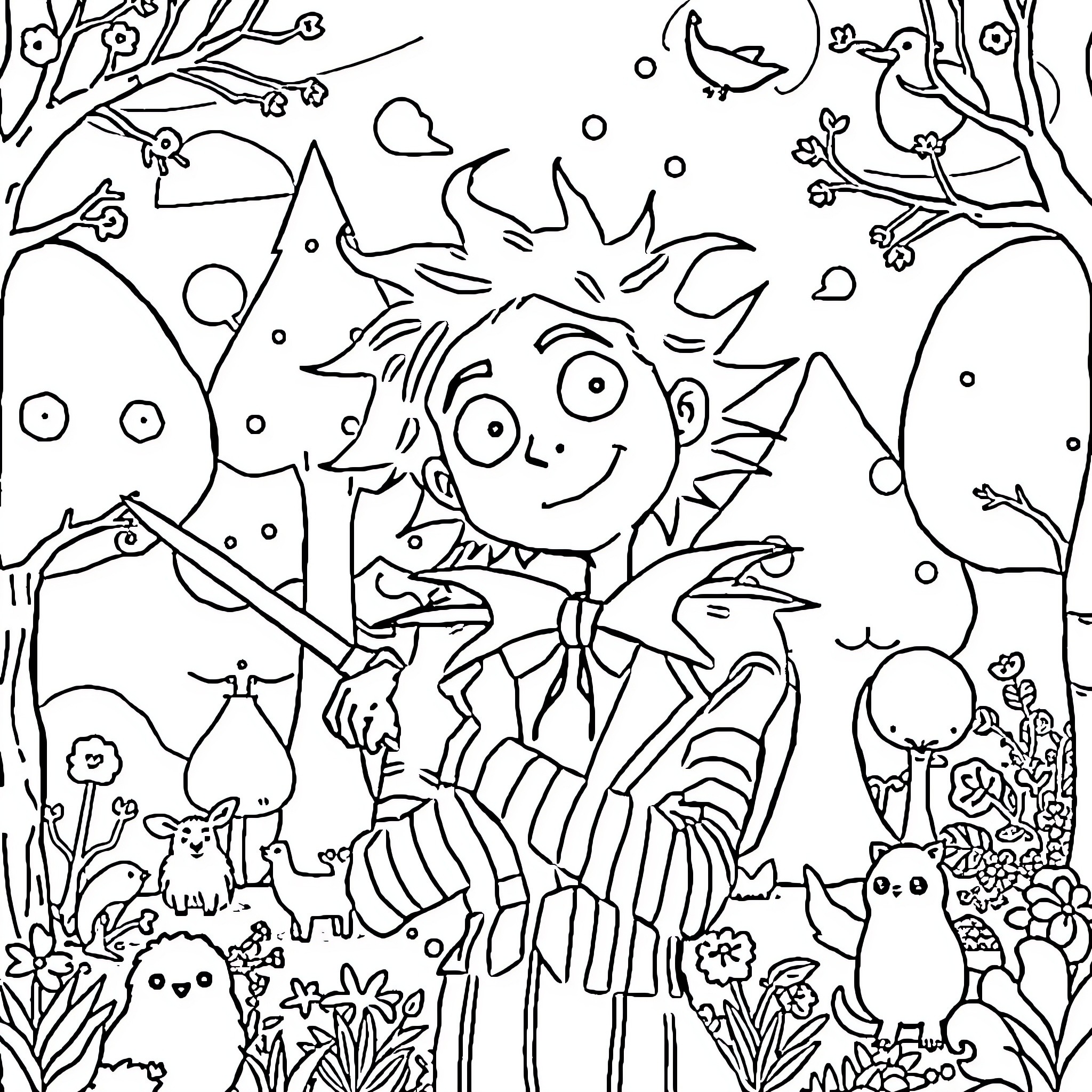 Edward's Whimsical Nature Adventure Coloring Page (free black-and-white line drawing printable PDF for all, from beginners to advanced learners, including children, teens, adults, and seniors)