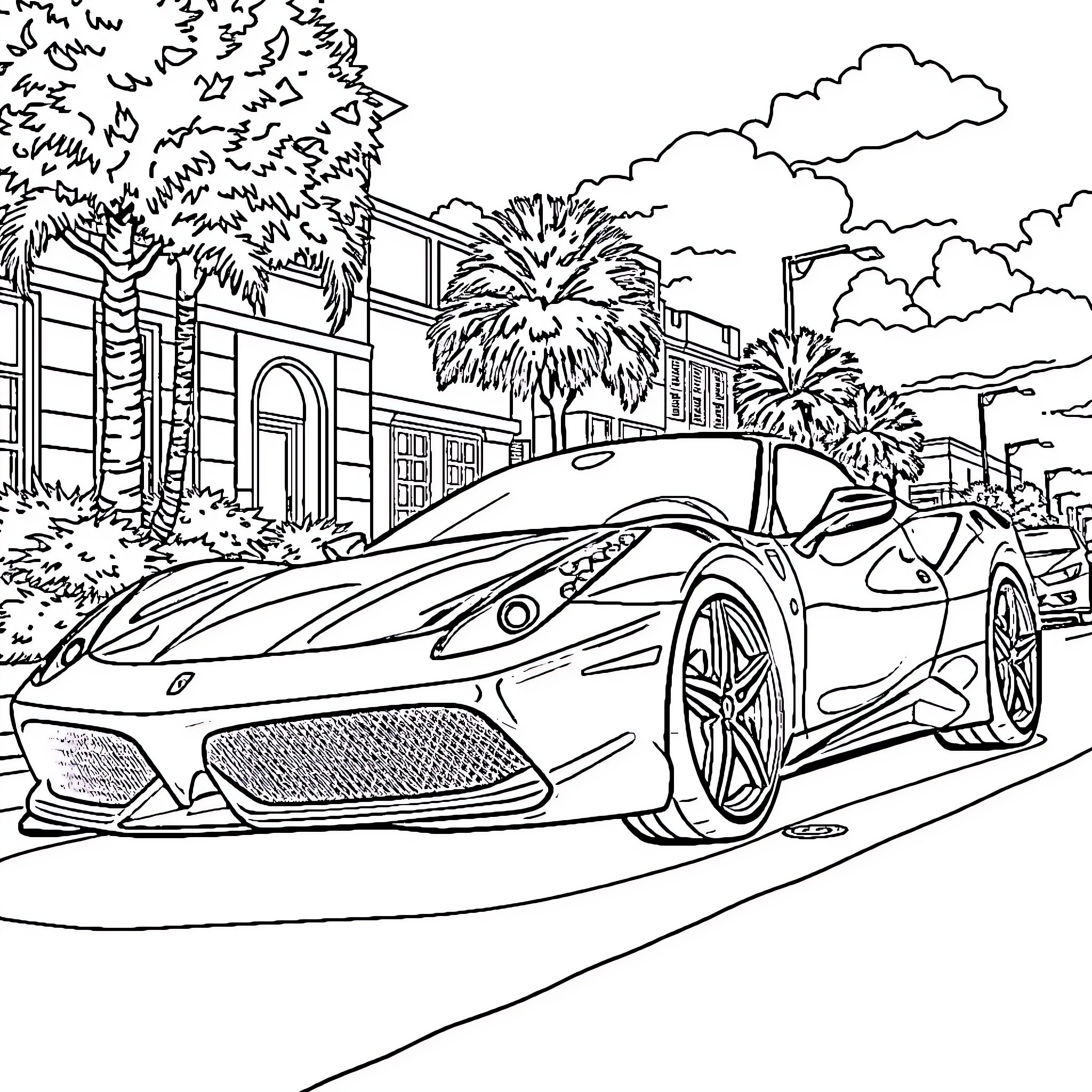 Ferrari sports car speeding through city street Coloring Page (free black-and-white line drawing printable PDF for all, from beginners to advanced learners, including children, teens, adults, and seniors)