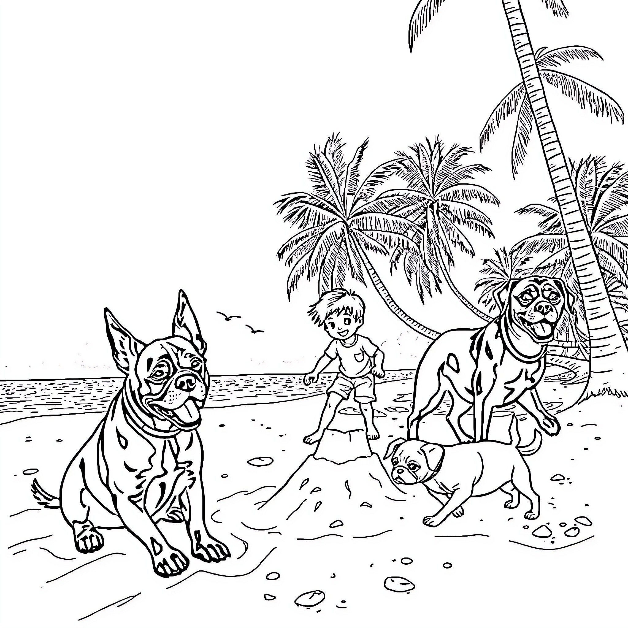 Dog and children playing happily on the beach Coloring Page (free black-and-white line drawing printable PDF for all, from beginners to advanced learners, including children, teens, adults, and seniors)