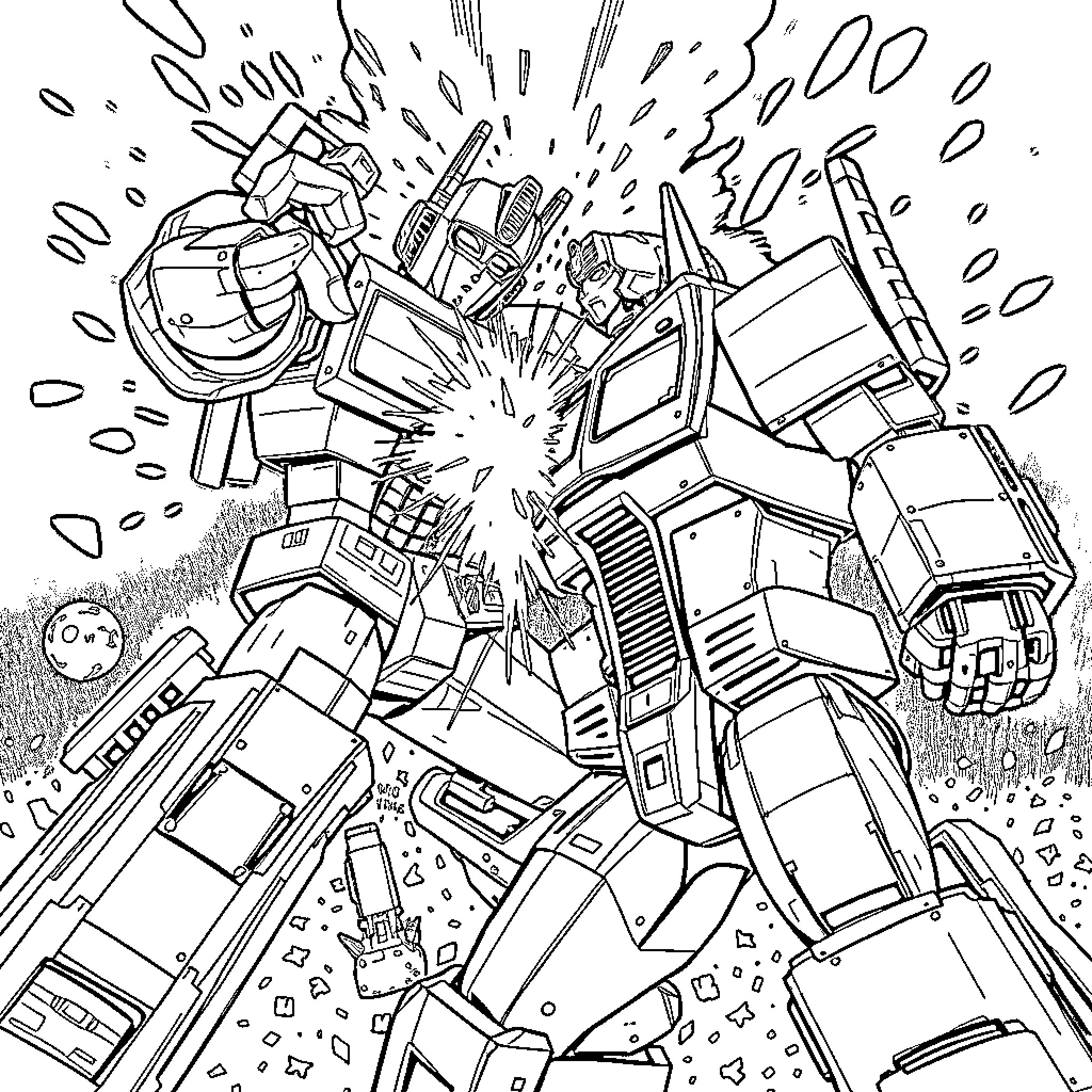 Jumaru's Explosive Robotic Clash Coloring Page (free black-and-white line drawing printable PDF for all, from beginners to advanced learners, including children, teens, adults, and seniors)