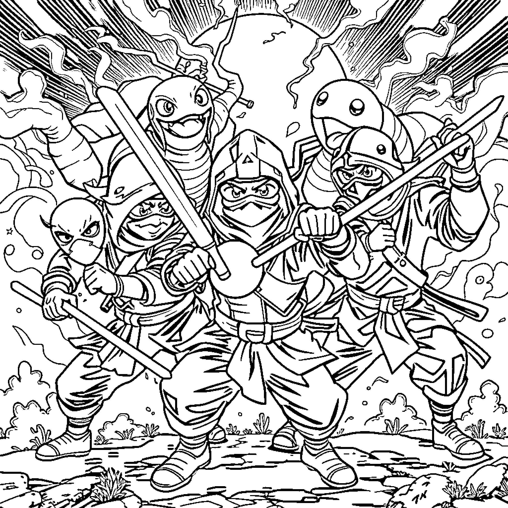 Ninja warriors in fierce combat Coloring Page (free black-and-white line drawing printable PDF for all, from beginners to advanced learners, including children, teens, adults, and seniors)